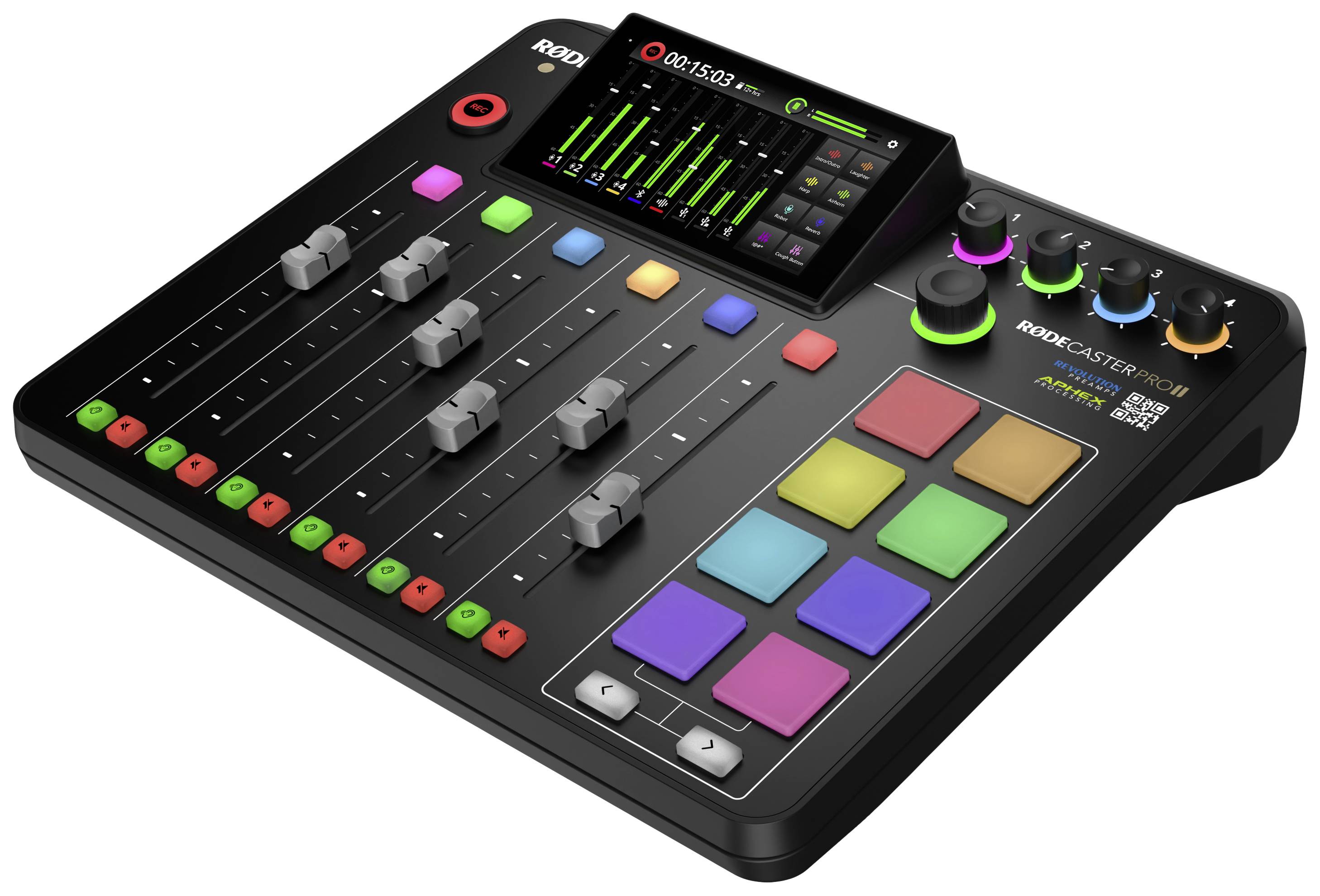 Mixer audio con diversi controlli, pulsanti e un display digitale. Illuminato con colori vivaci, viene utilizzato per controllare le registrazioni audio.