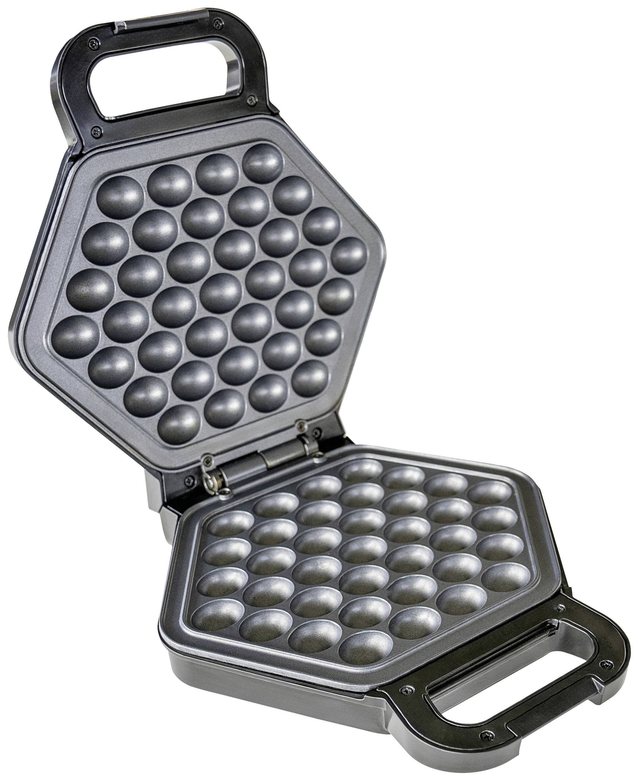 Un ferro per waffle esagonale con una caratteristica struttura a bolle, presentato in posizione aperta, ideale per la preparazione di bubble waffle.