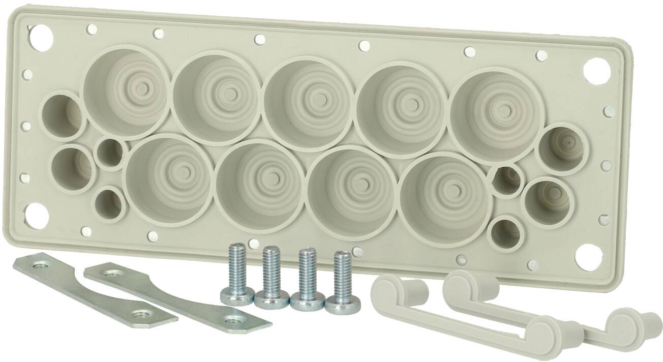 Sistema di passaggio cavi con multiple aperture circolari su una piastra rettangolare. Include viti e supporti per il fissaggio.