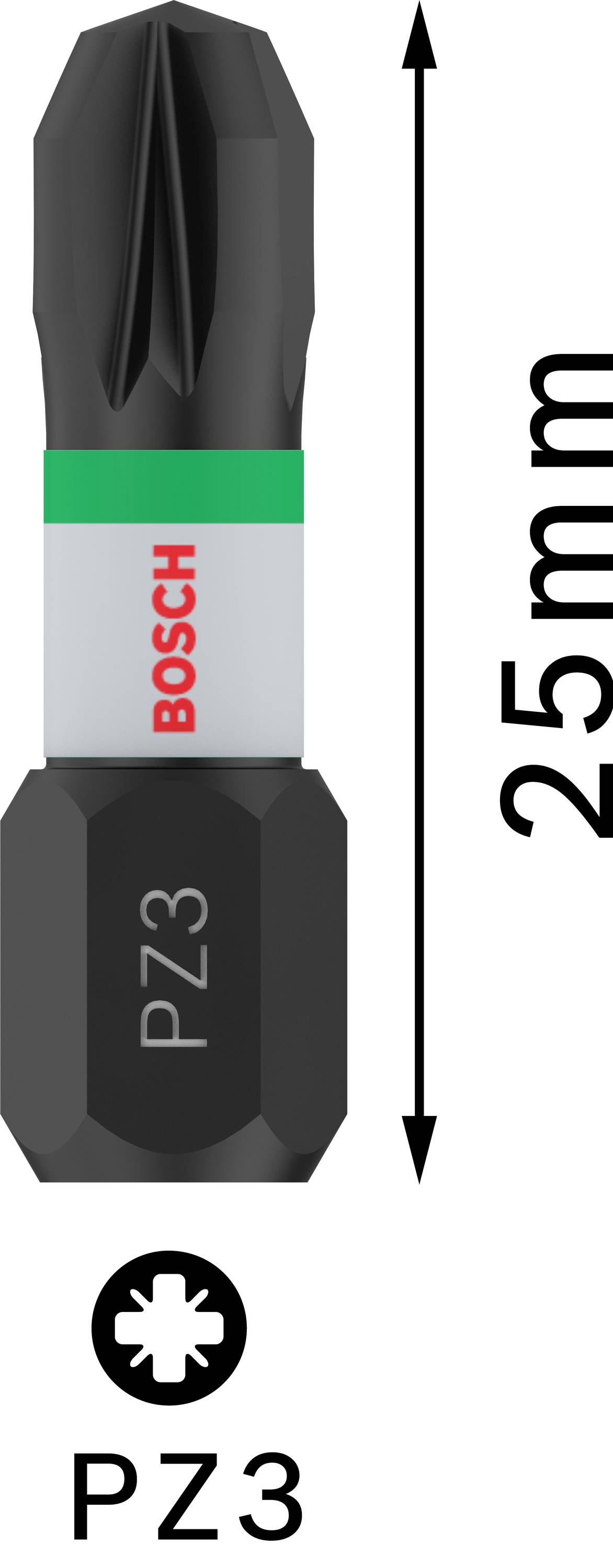 Punta per avvitatore 'PZ3' di Bosch con una lunghezza di 25 mm, adatta per viti a croce di dimensione PZ3.