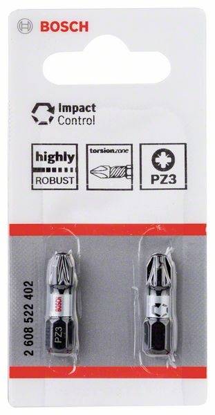 Due inserti per cacciavite 'PZ3' di Bosch in una confezione. Marcature: 'Impact Control' e 'highly robust'.
