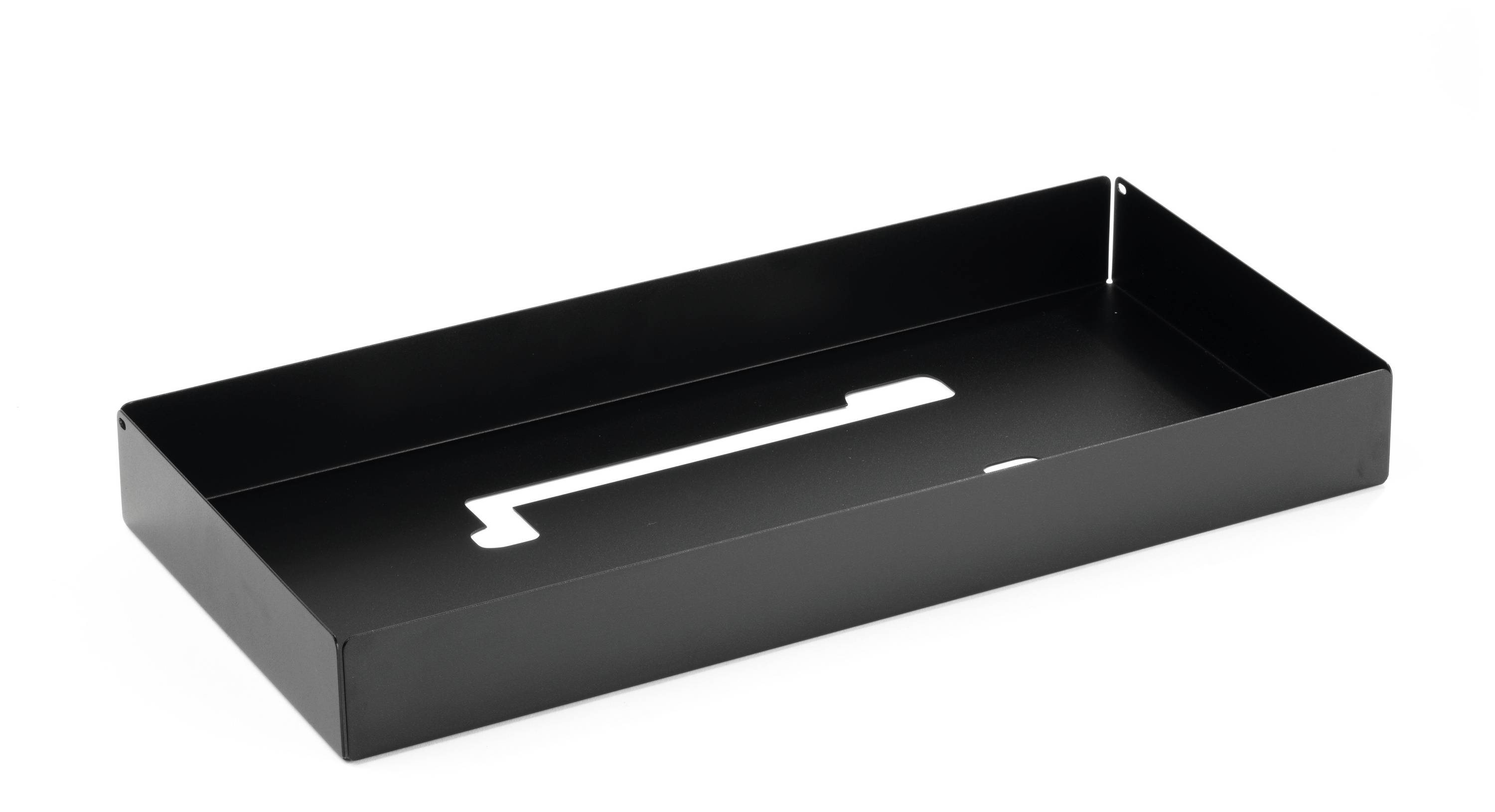 Vassoio nero rettangolare, bordo sottile, stile moderno, forma semplice, adatto per presentazioni o decorazioni.