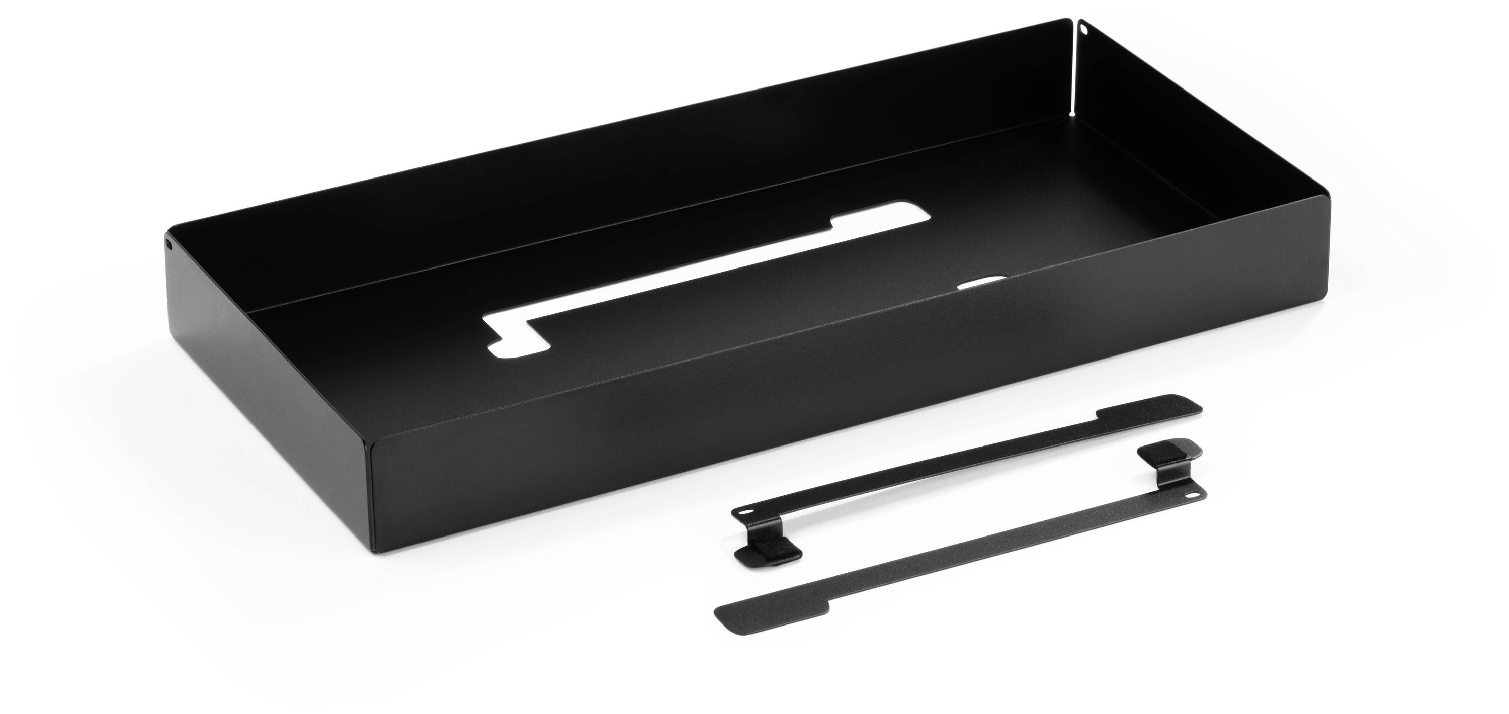 Vassoio nero rettangolare in metallo con bordi alti e due supporti metallici corrispondenti.