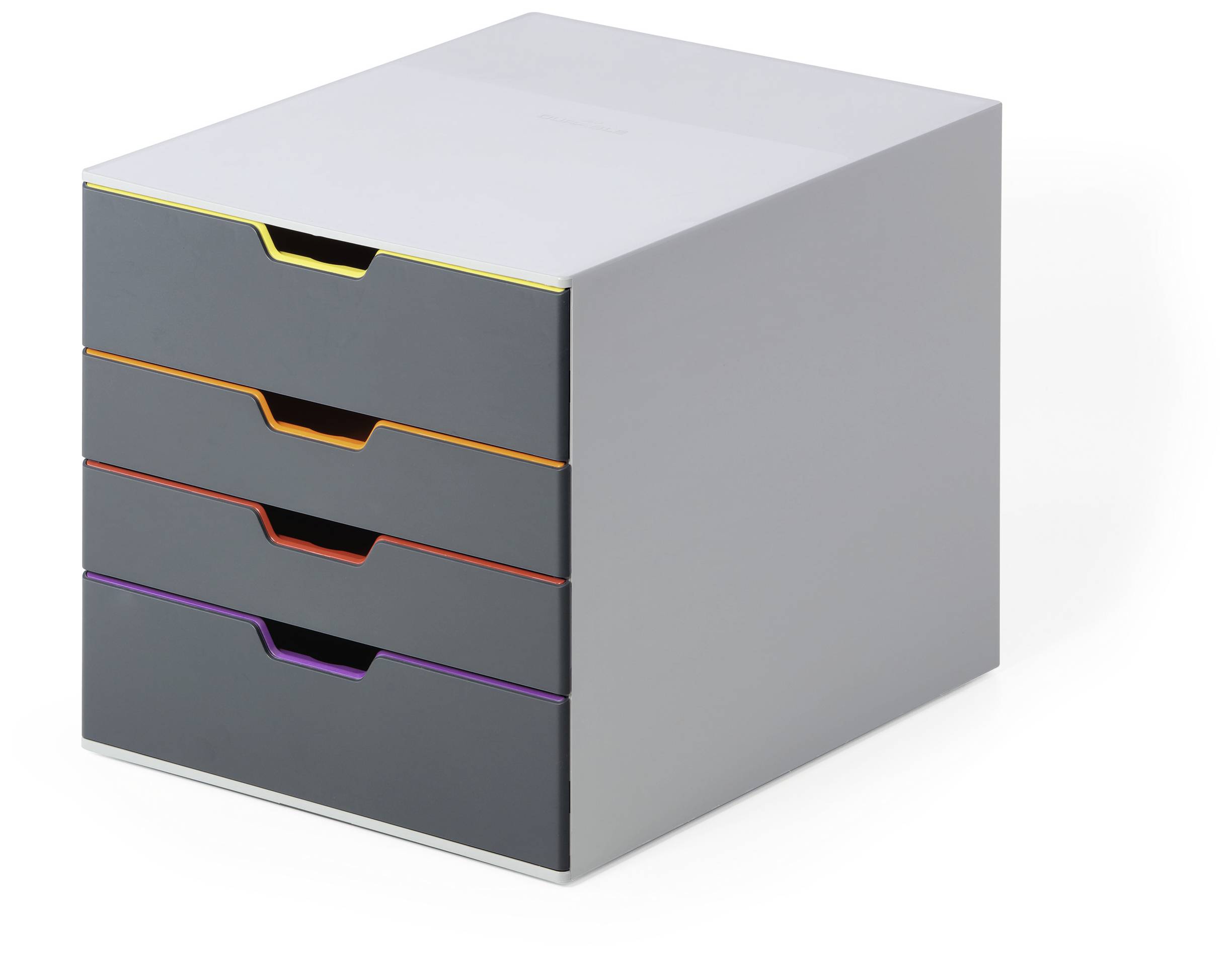 Un elemento grigio per cassetti con quattro aree di impugnatura orizzontali di colori diversi: giallo, arancione, rosso e viola.