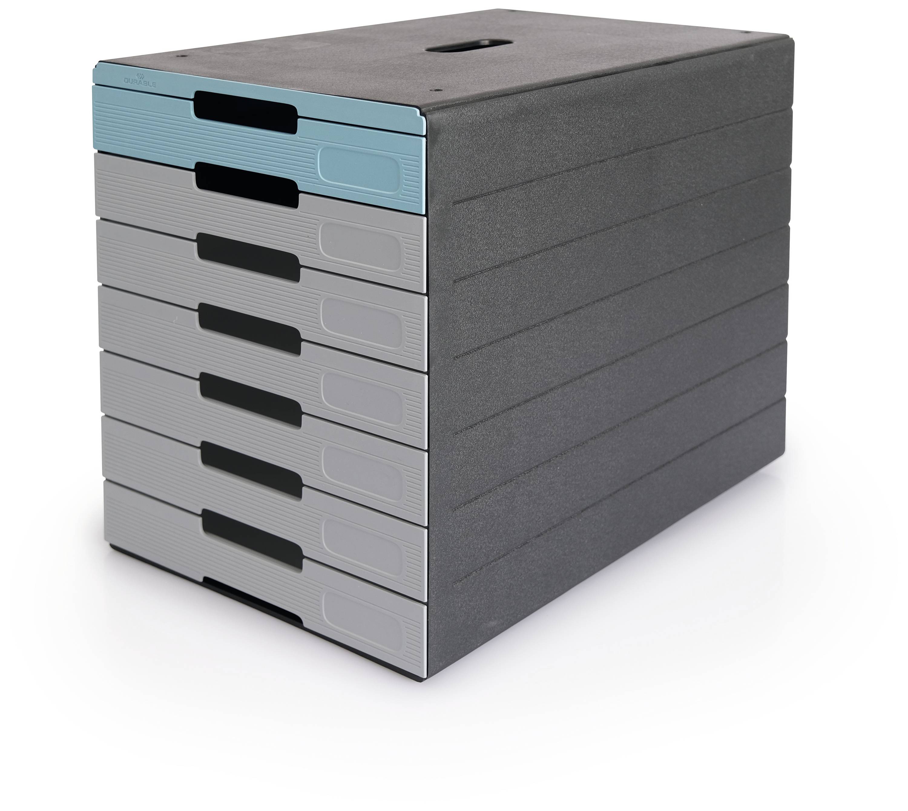 Pila grigio-antracite con cassetti estraibili; lato superiore blu. Utilizzata per l'archiviazione organizzata di documenti o materiali.