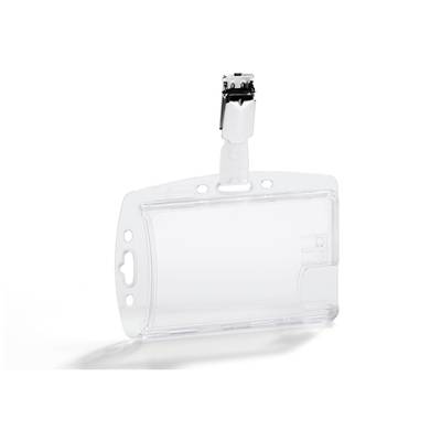 Una custodia trasparente in plastica con un fermaglio metallico in alto, adatta per documenti di identità o targhette identificative.