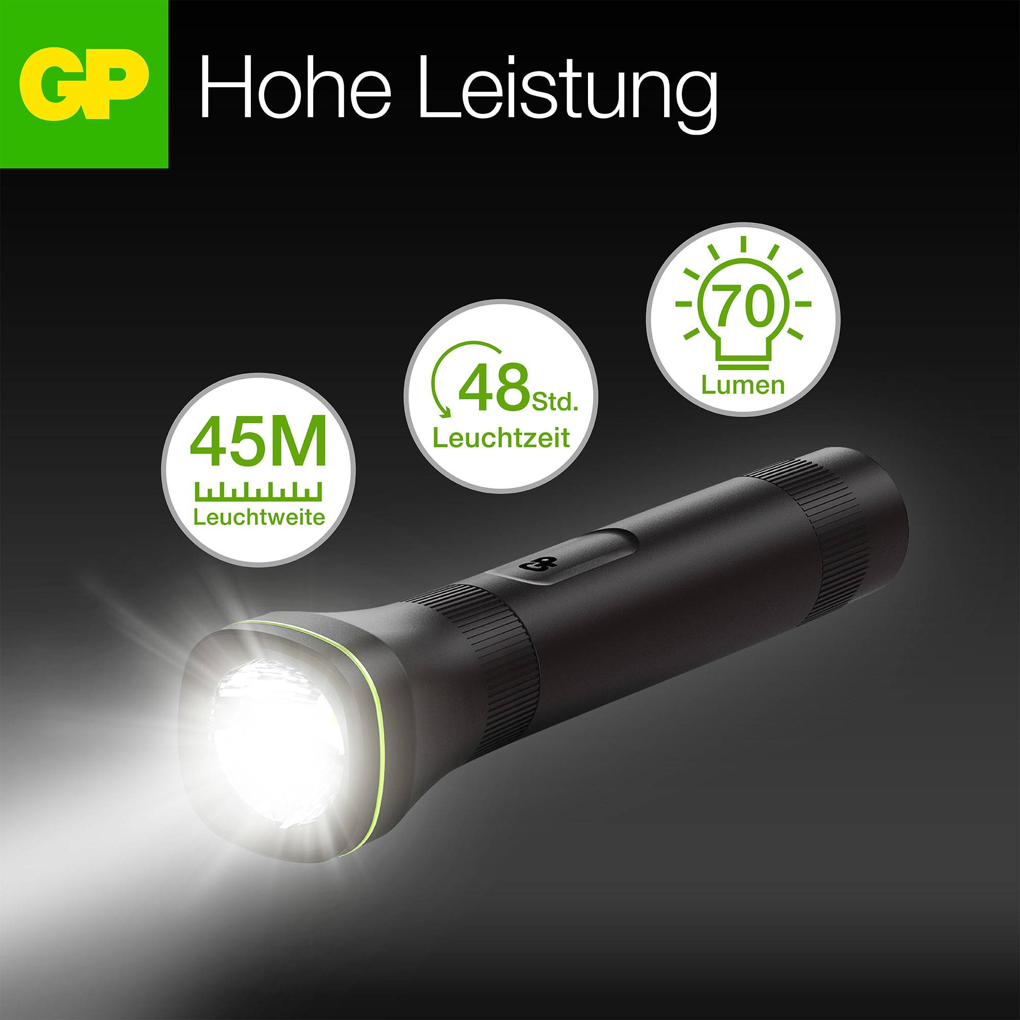Torcia nera illuminata, circondata da simboli: '45M portata', '48 ore di durata', '70 lumen'; marchio GP in alto a sinistra.