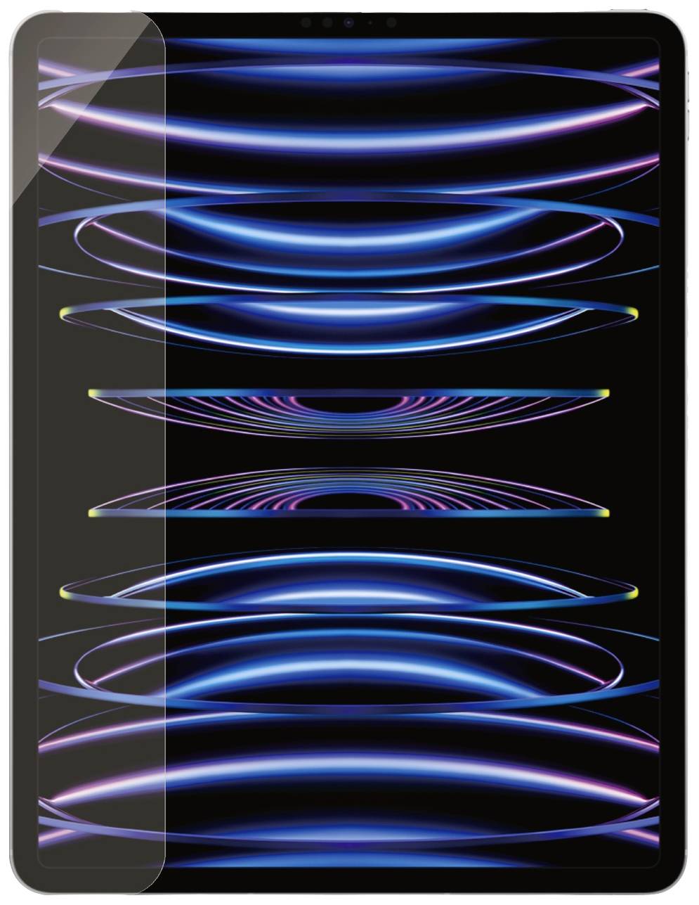 Tablet con involucro nero, lo schermo mostra linee di luce curve blu e rosa su sfondo nero.