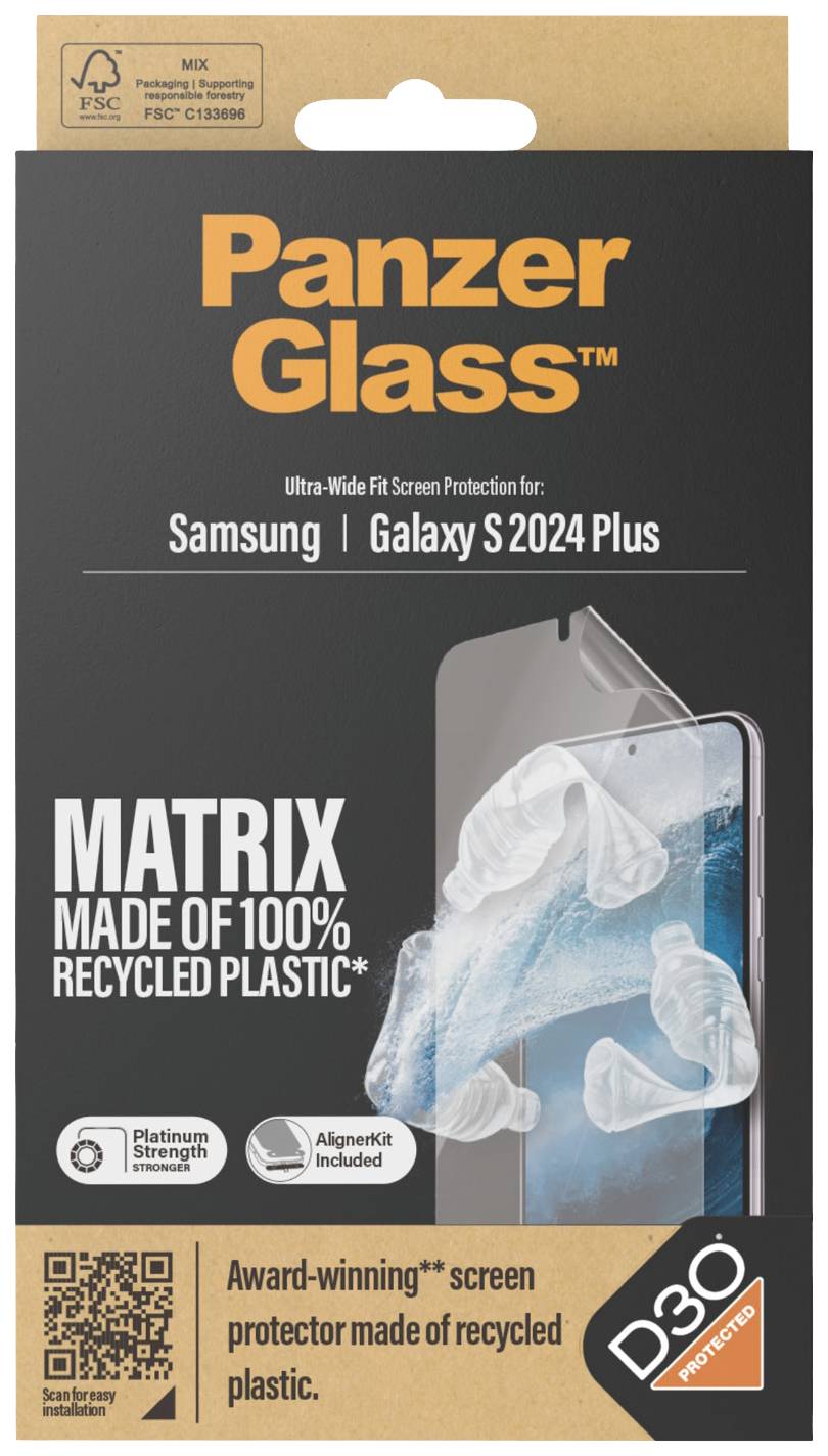 Confezione di un protettore schermo Matrix di PanzerGlass per Samsung Galaxy S2024 Plus, realizzato al 100% con plastica riciclata.