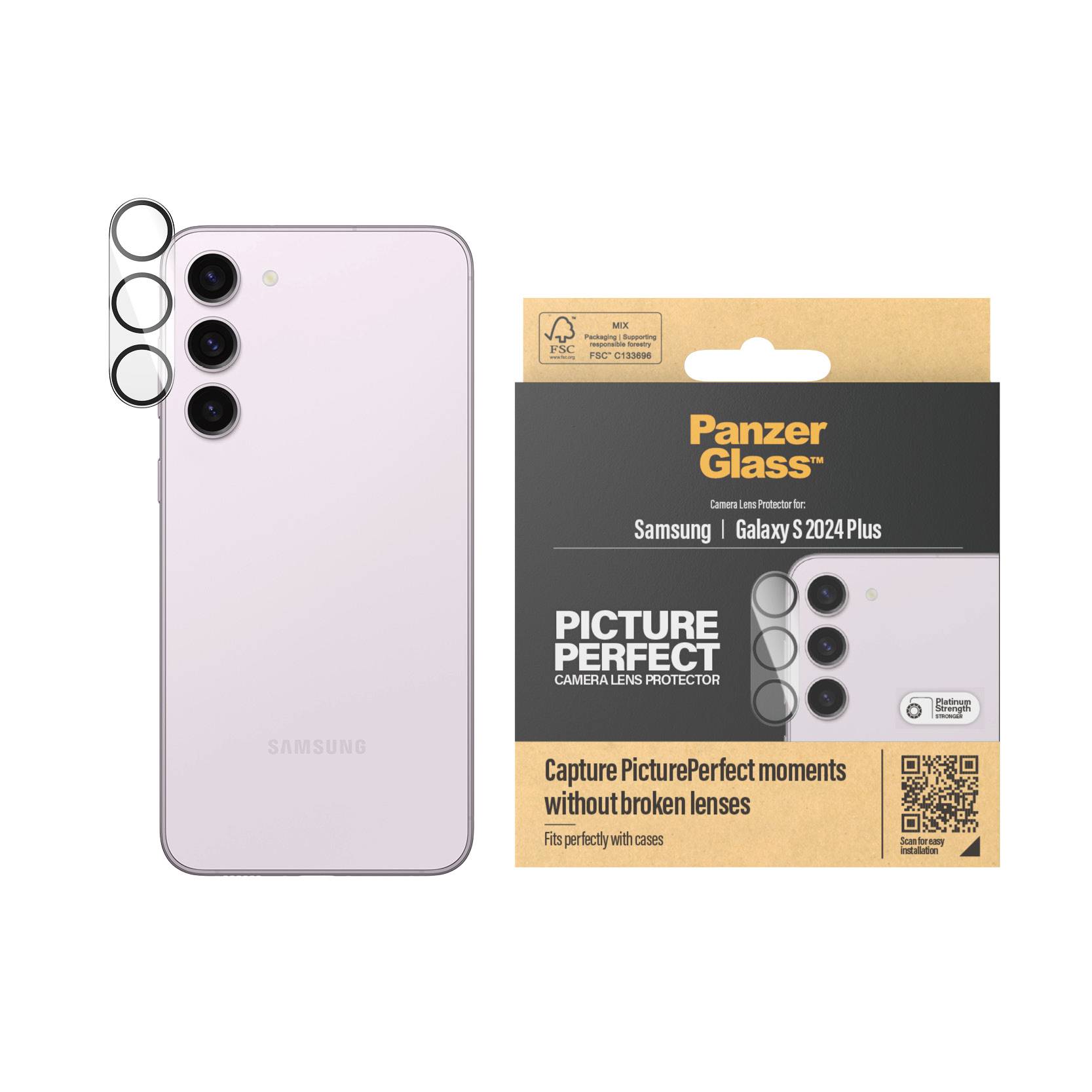 Smartphone con tre obiettivi fotografici a sinistra, accanto alla confezione di una protezione per fotocamera del marchio 'PanzerGlass' per Samsung Galaxy S2024 Plus.