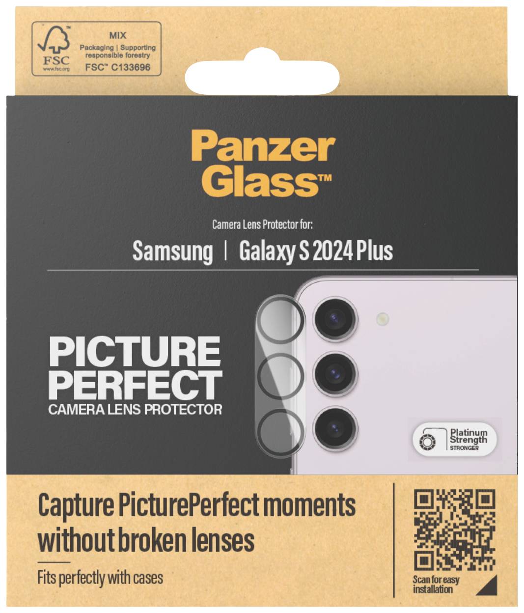'Panzer Glass Protezione Obiettivo Fotocamera per Samsung Galaxy S 2024 Plus, con immagine del prodotto e testo: Cattura momenti perfetti senza obiettivi danneggiati.'