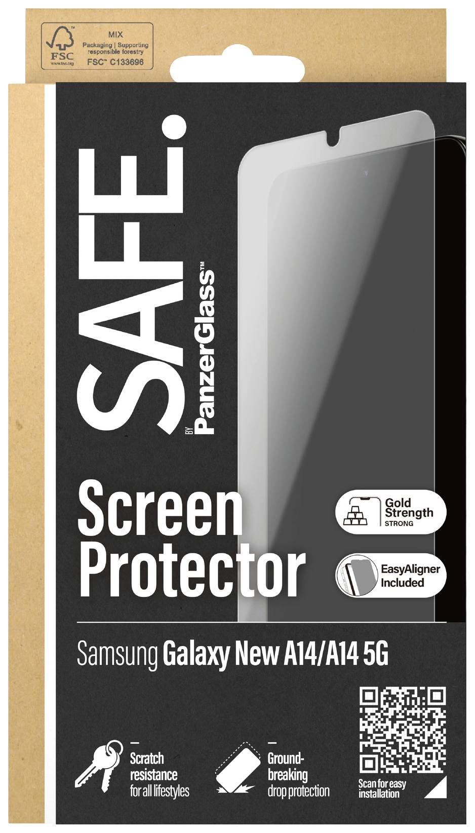 Confezione di vetro protettivo 'PanzerGlass' per Samsung Galaxy A14/A14 5G, che mostra il prodotto con caratteristiche come resistenza ai graffi e facilità di applicazione.