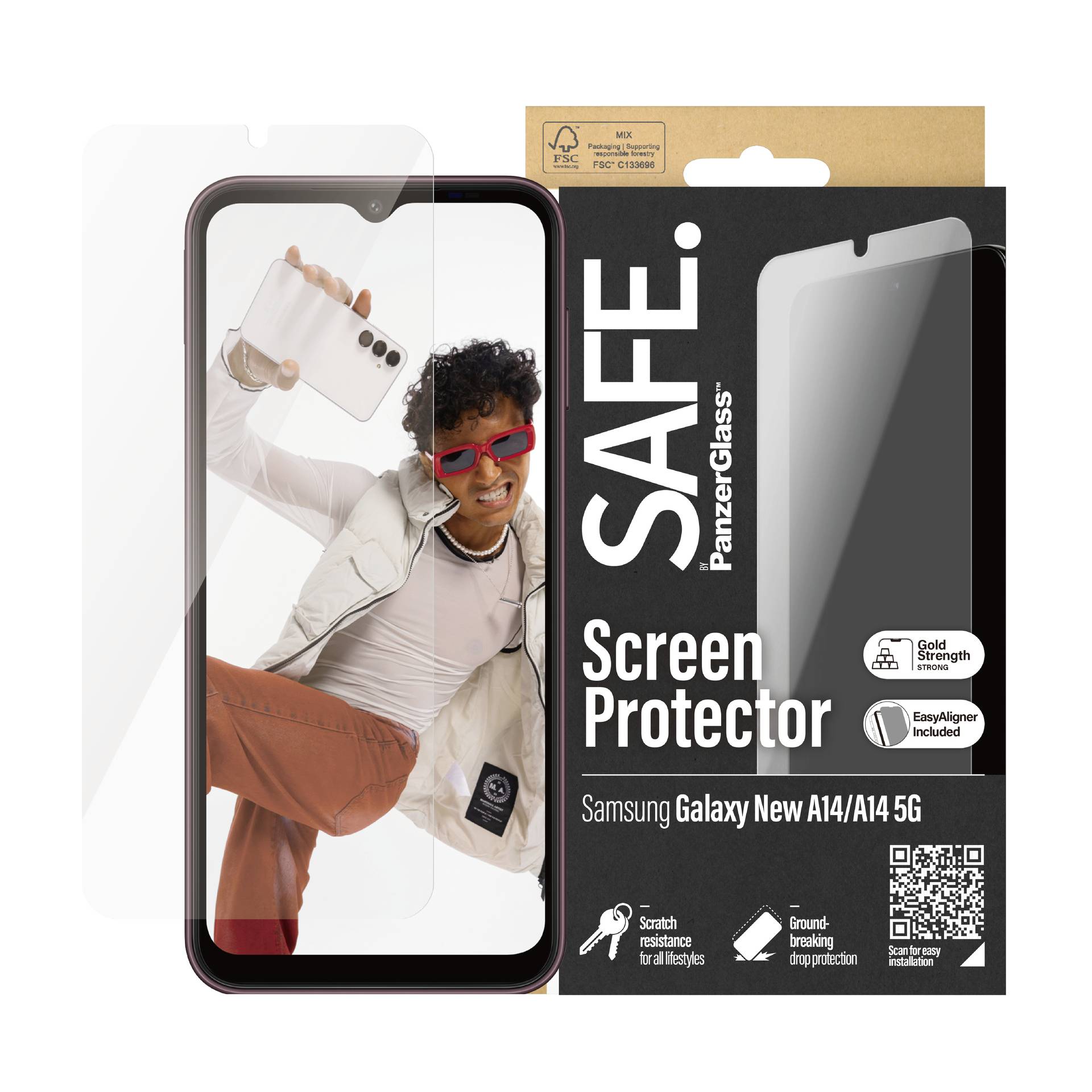 Pellicola protettiva per Samsung Galaxy A14/A14 5G con PanzerGlass. Include 'EasyAligner' per un'applicazione semplice. Protegge da graffi.