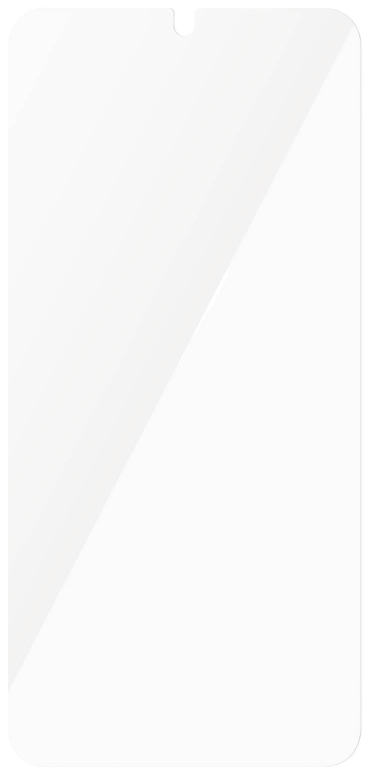 Uno specchio rettangolare con un sottile bordo bianco e un angolo superiore smussato che mostra un piccolo ritaglio.