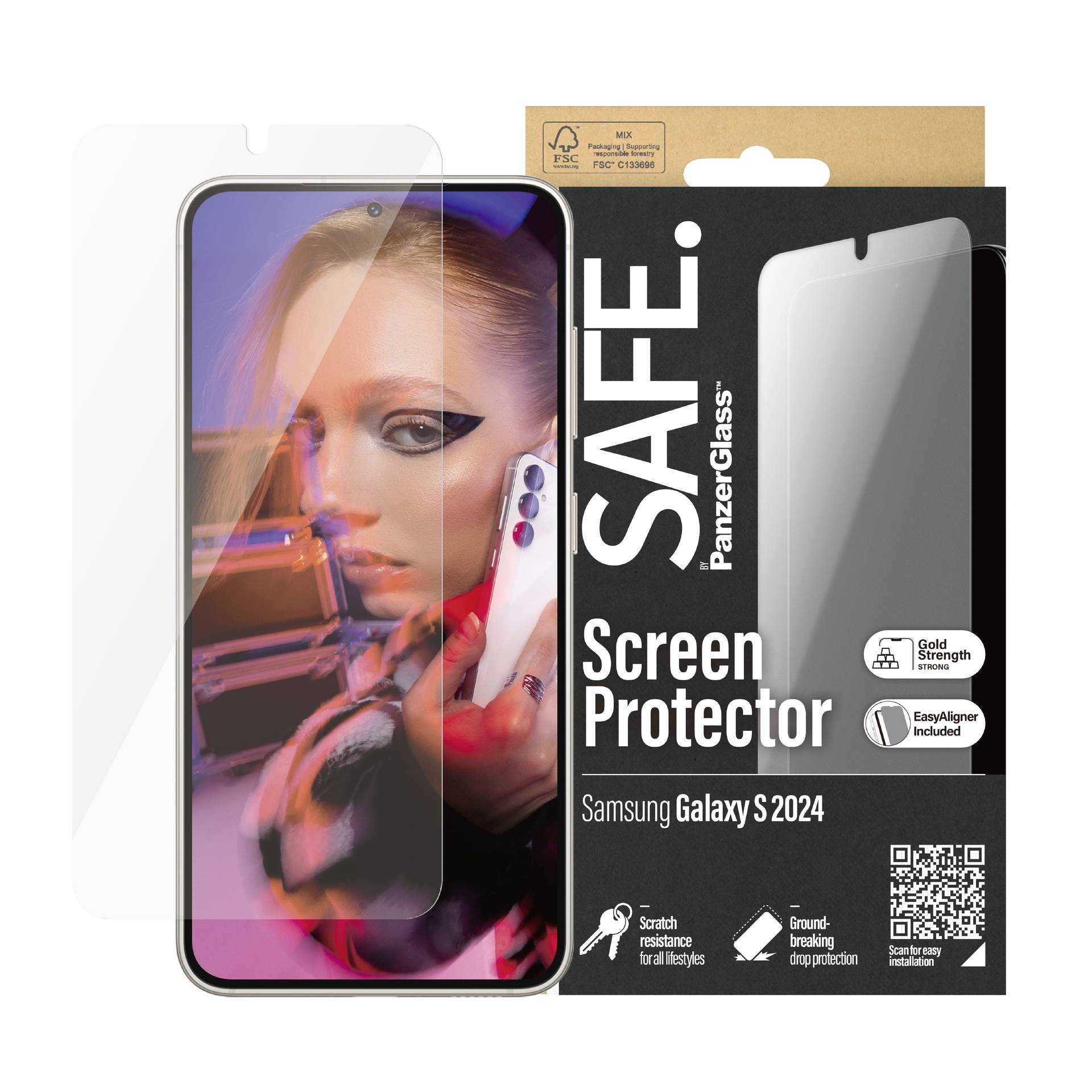 Confezione di una pellicola protettiva per Samsung Galaxy S2024. Mostra la pellicola protettiva, lo smartphone e il design della confezione.
