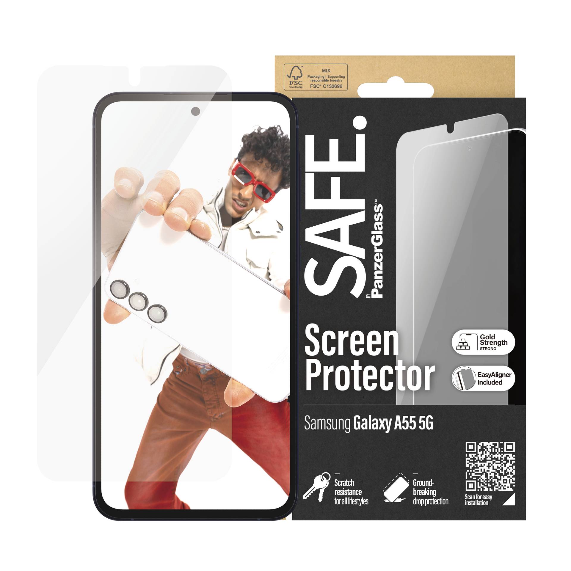 'SAFE.' PanzerGlass Protezione display per Samsung Galaxy A55 5G con allineamento semplice. La confezione mostra un'immagine di un uomo sullo sfondo.