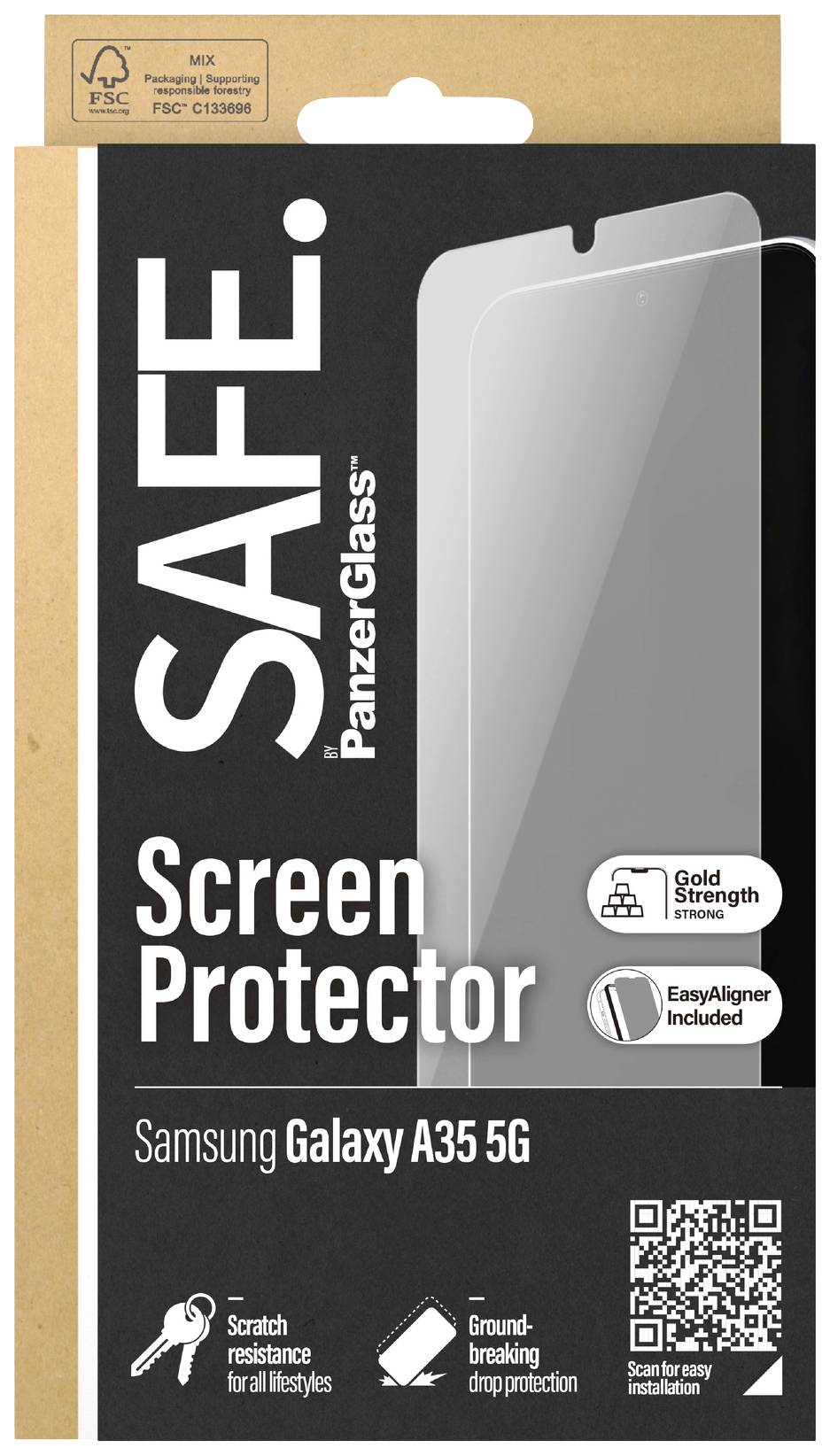 'SAFE. PanzerGlass Pellicola Protettiva per Samsung Galaxy A35 5G.' Confezione con simboli di resistenza ai graffi e allineamento facilitato.