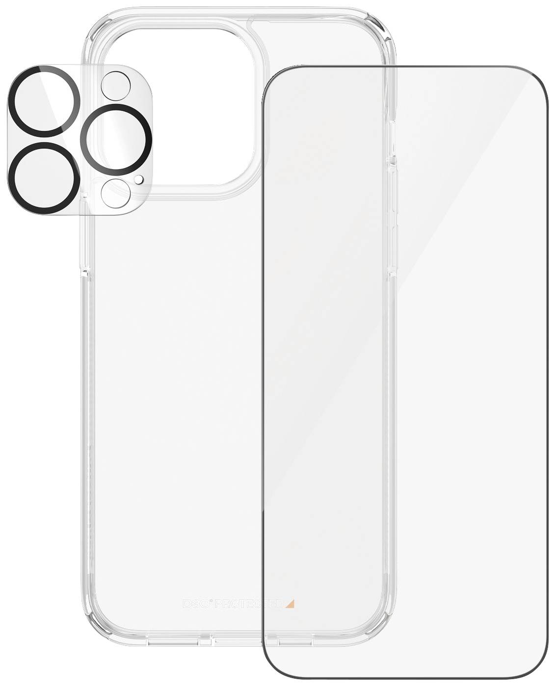 Custodia trasparente per cellulare con protezione per la fotocamera. Design essenziale, che enfatizza protezione e funzionalità.