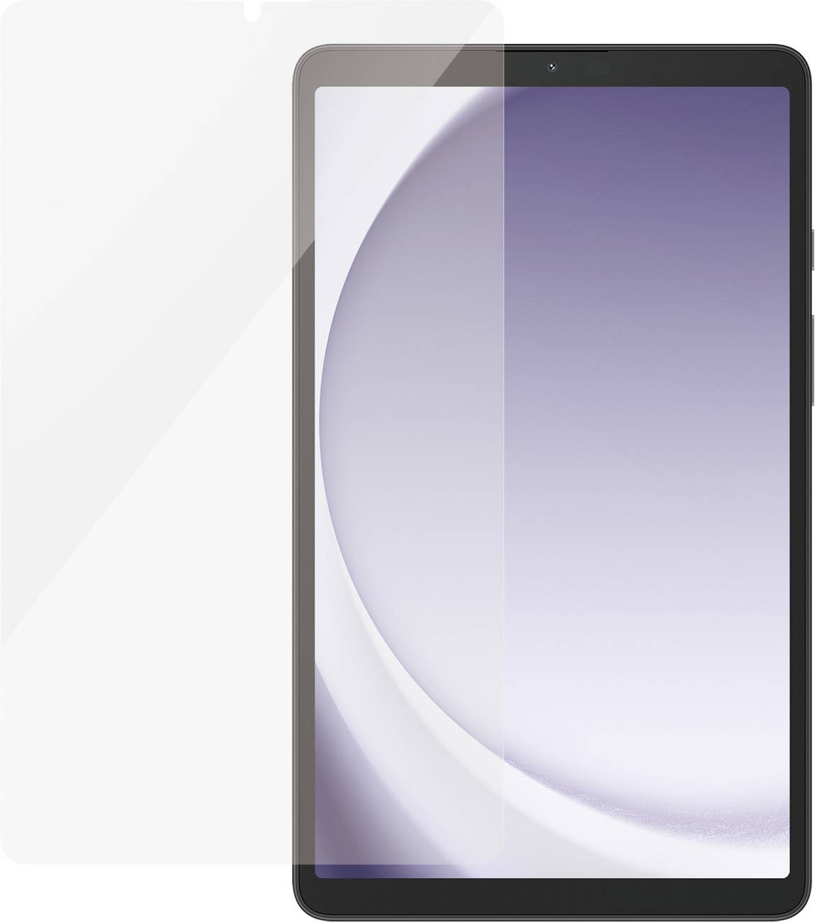 Tablet con display accattivante; un chiaro schermo protettivo copre parzialmente lo schermo. Design elegante e moderno in nero.