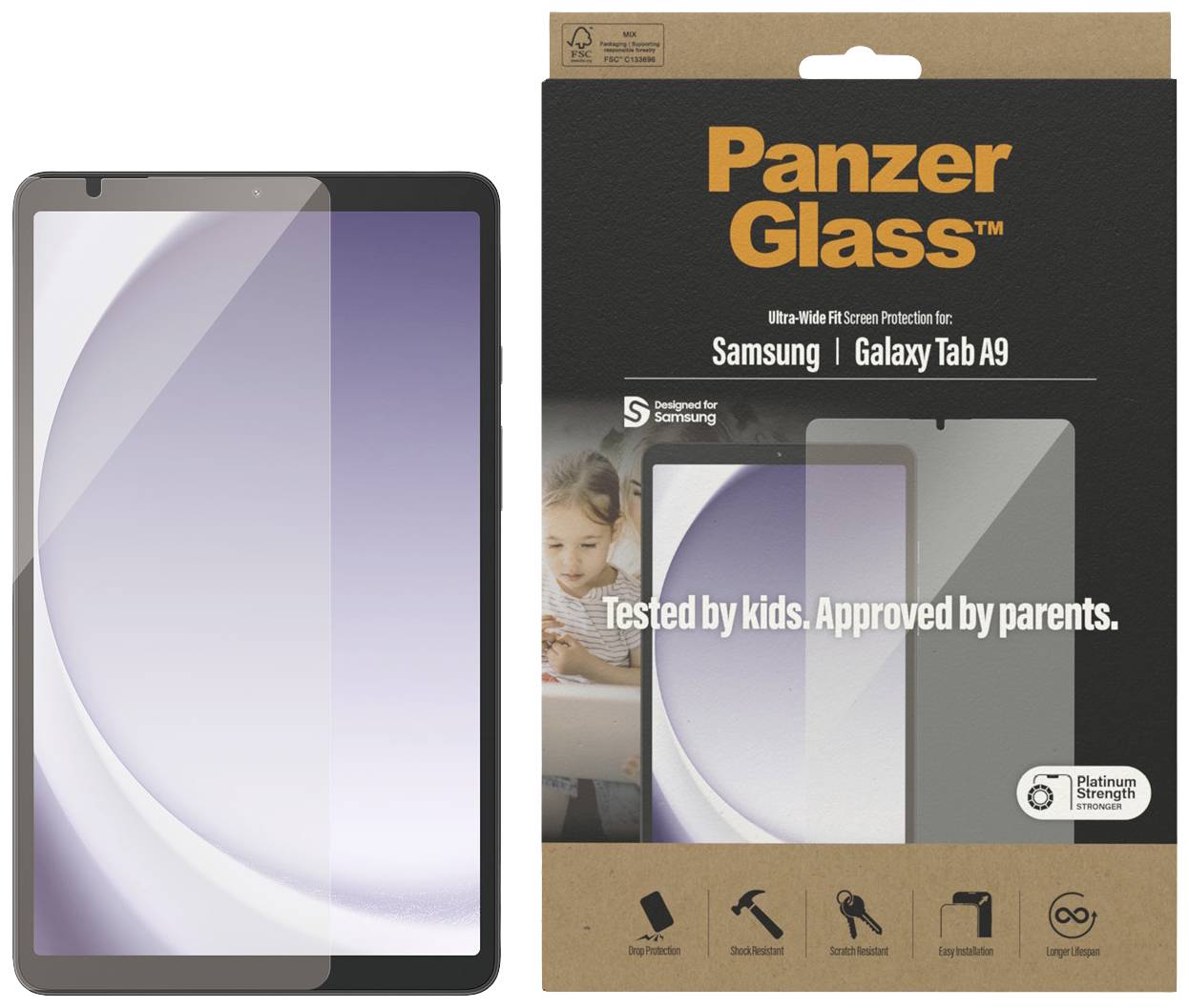 'Dispositivo mobile con protezione display in vetro, confezione mostra 'PanzerGlass' per Samsung Galaxy Tab A9. Testato dai bambini, approvato dai genitori.'