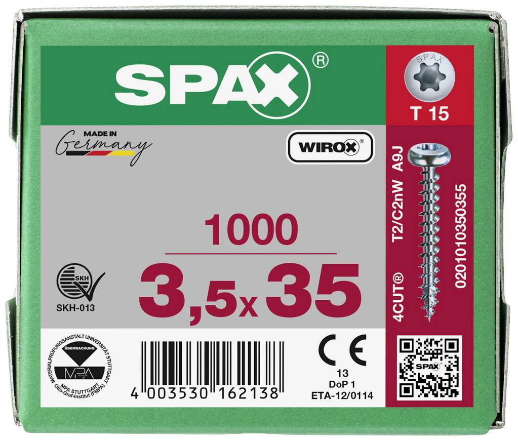 Scatola da 1000 viti SPAX, misura 3,5x35 mm. Contiene 'Made in Germany', con codice QR e dettagli tecnici sulla confezione.