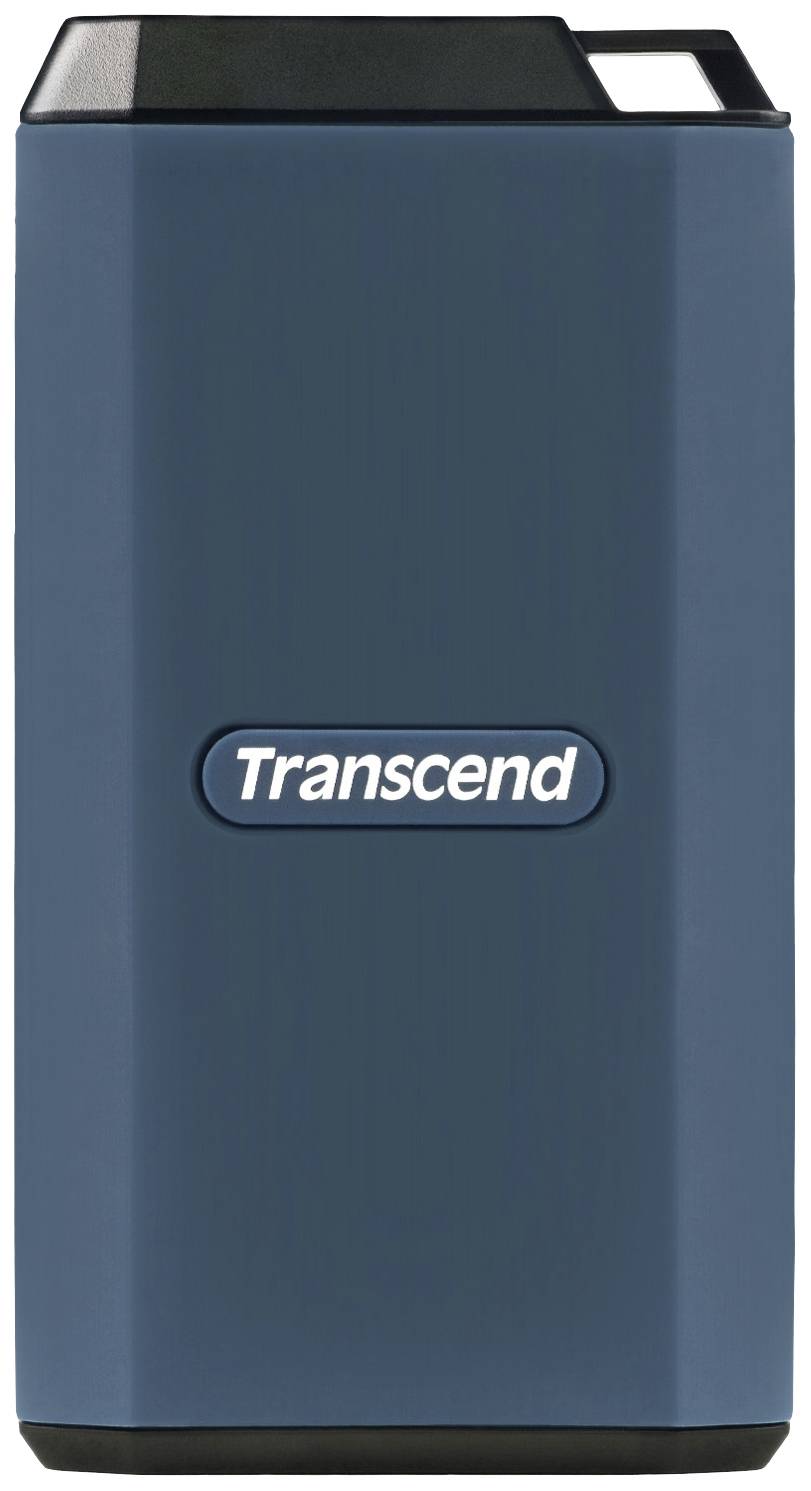 Hard disk esterno blu con il nome del marchio 'Transcend' al centro. Forma rettangolare con angoli arrotondati.