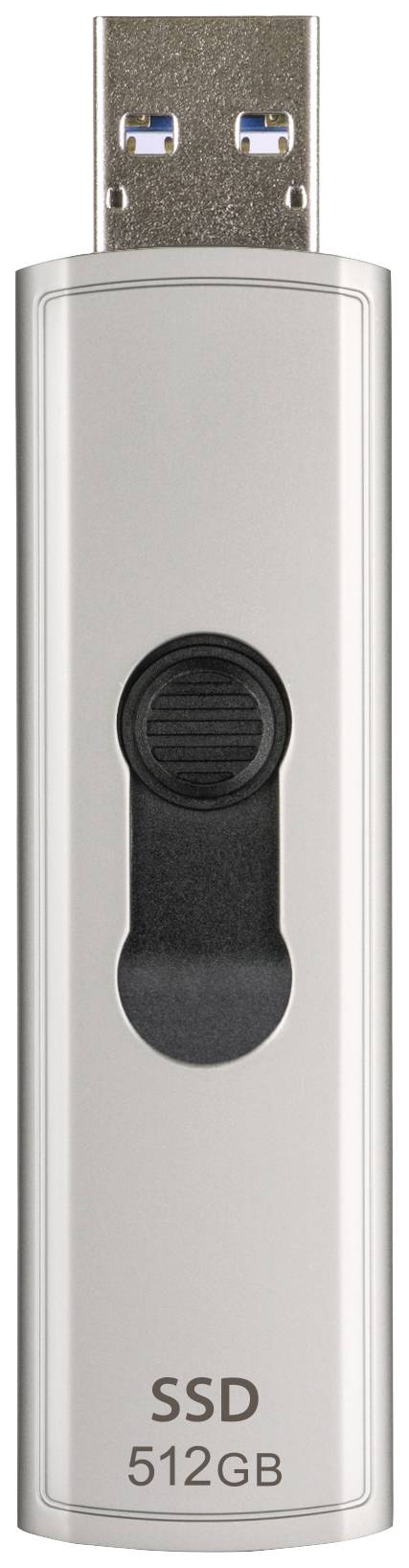 Chiavetta USB da 512 GB, con involucro argentato e tasto nero al centro.