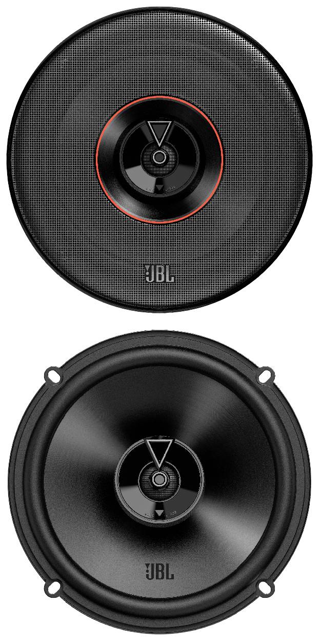 'Due altoparlanti JBL rotondi in nero, uno con un anello rossiccio intorno al medio-alto, mostrano differenti caratteristiche di design.'