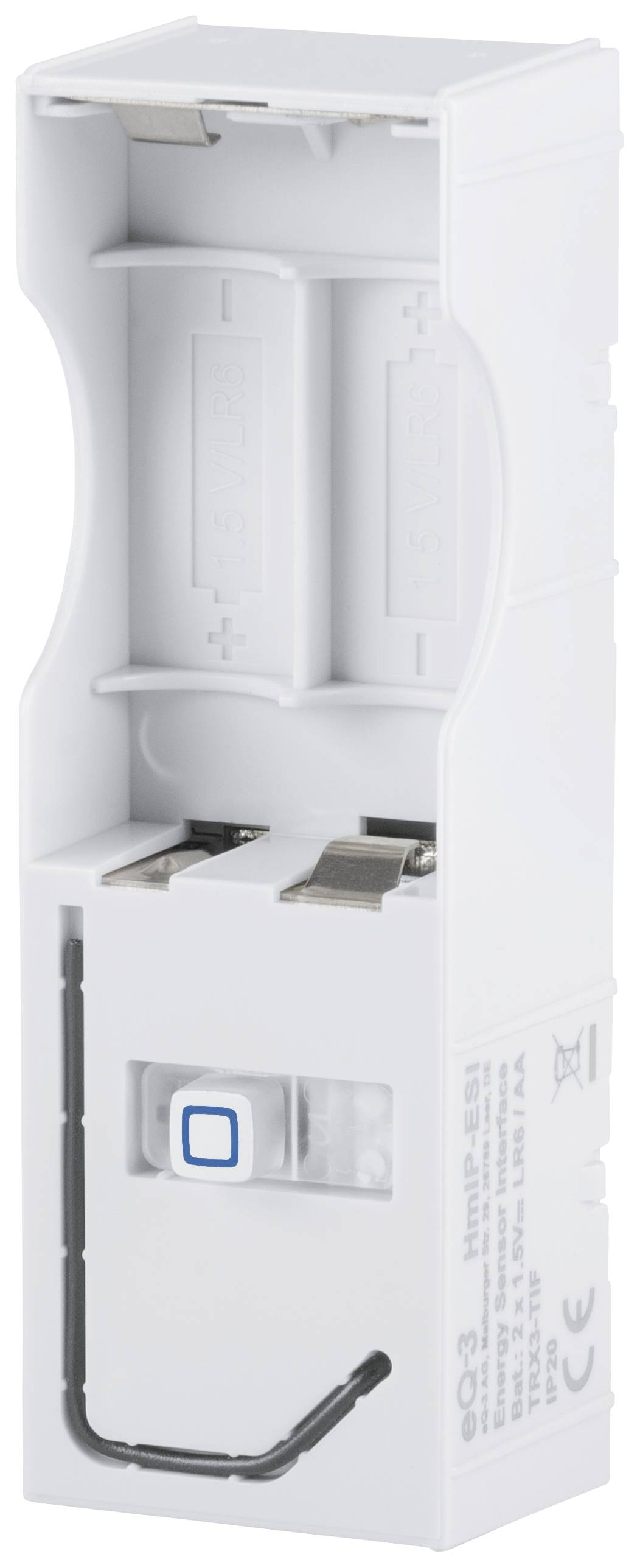 Un contenitore elettronico bianco e aperto con più slot e un pulsante al centro, adatto per installazioni elettriche.