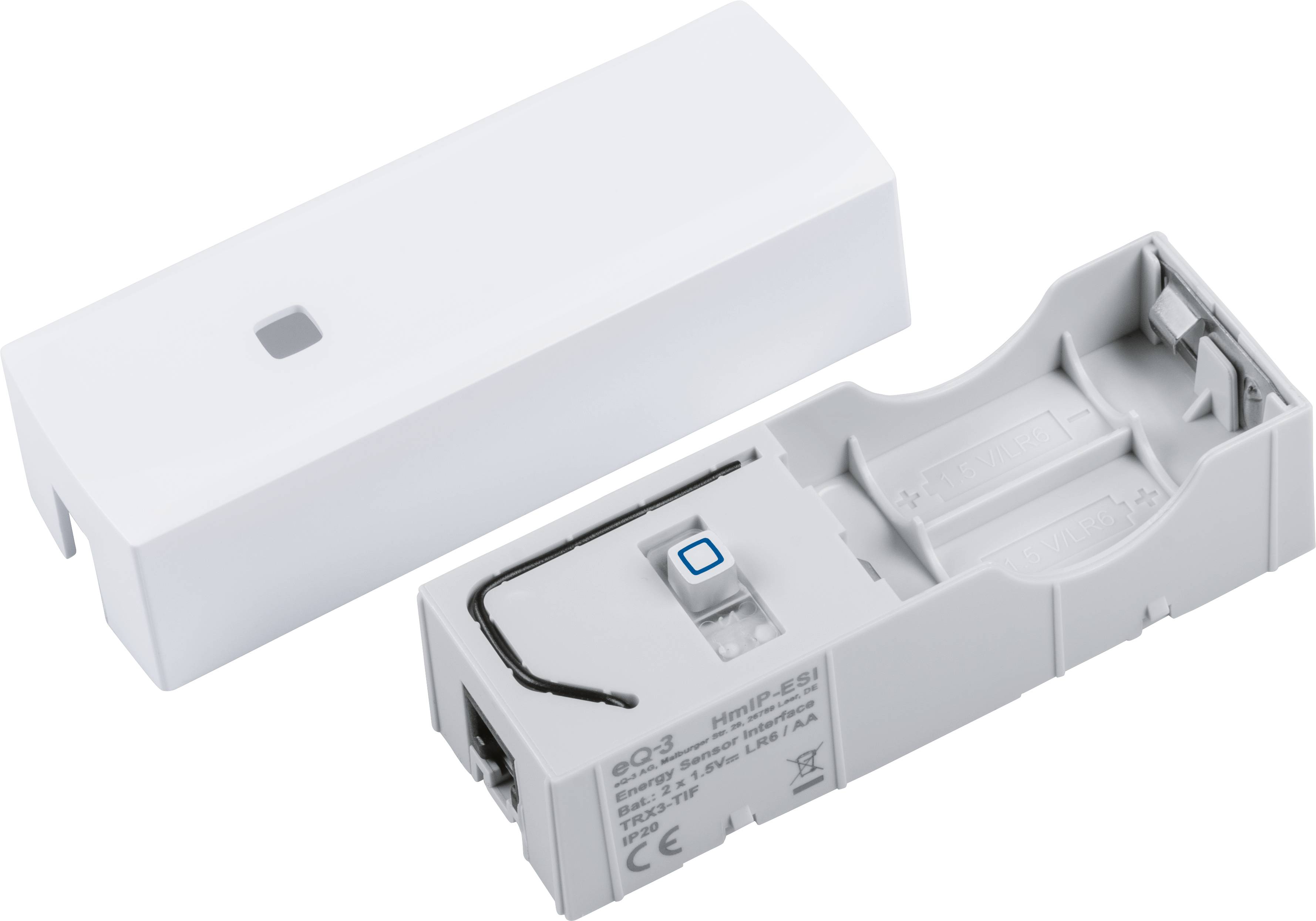 Scatola bianca aperta per batterie con scomparto estraibile e cavo di connessione visibile. Contiene spazio per batterie AA.