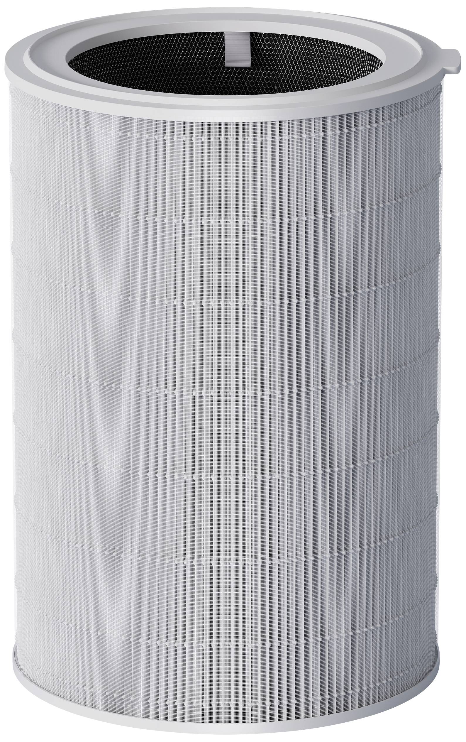 Un filtro HEPA cilindrico, prevalentemente bianco, con sottili pieghe sulla superficie per la purificazione dell'aria.