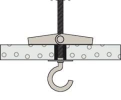 Gancio metallico da soffitto, montato su piastra forata, consente il fissaggio di oggetti al soffitto.