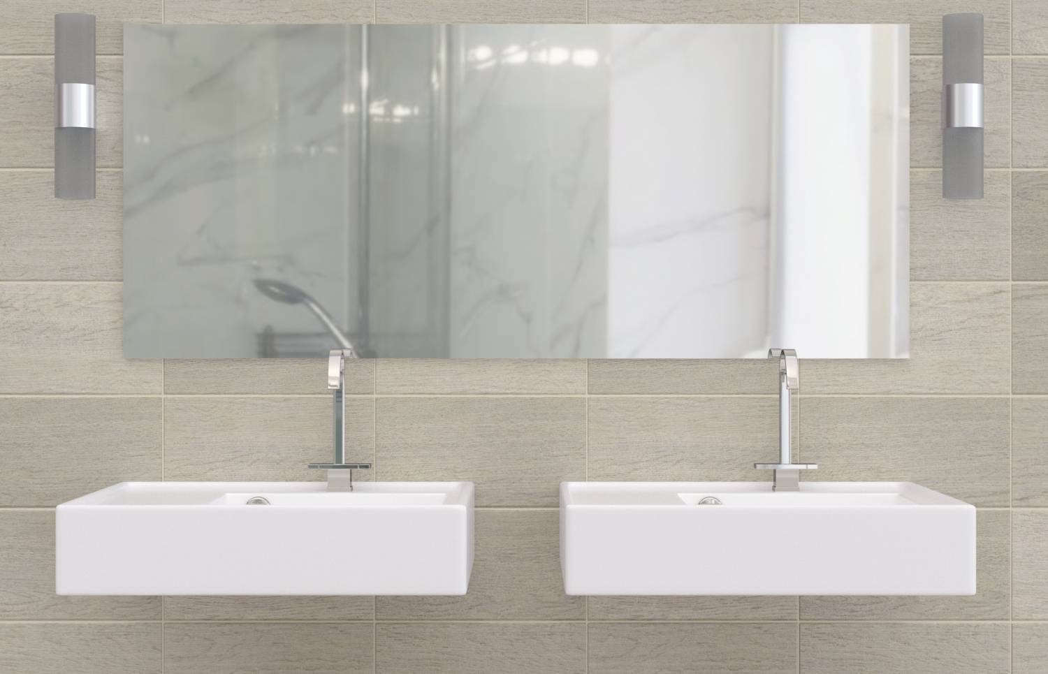 Due lavandini bianchi con rubinetti moderni davanti a un grande specchio, montati su una parete piastrellata beige nel bagno.