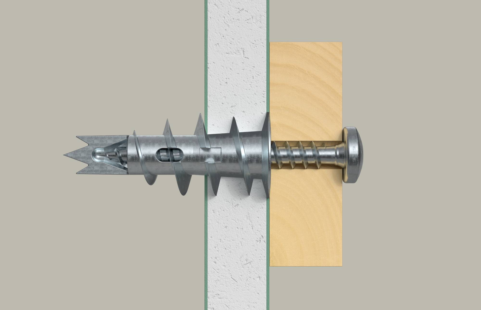 Sezione trasversale di un tassello per cartongesso avvitato attraverso una parete in uno zoccolo di legno, che mostra come il tassello si espande per mantenere la vite saldamente in posizione.