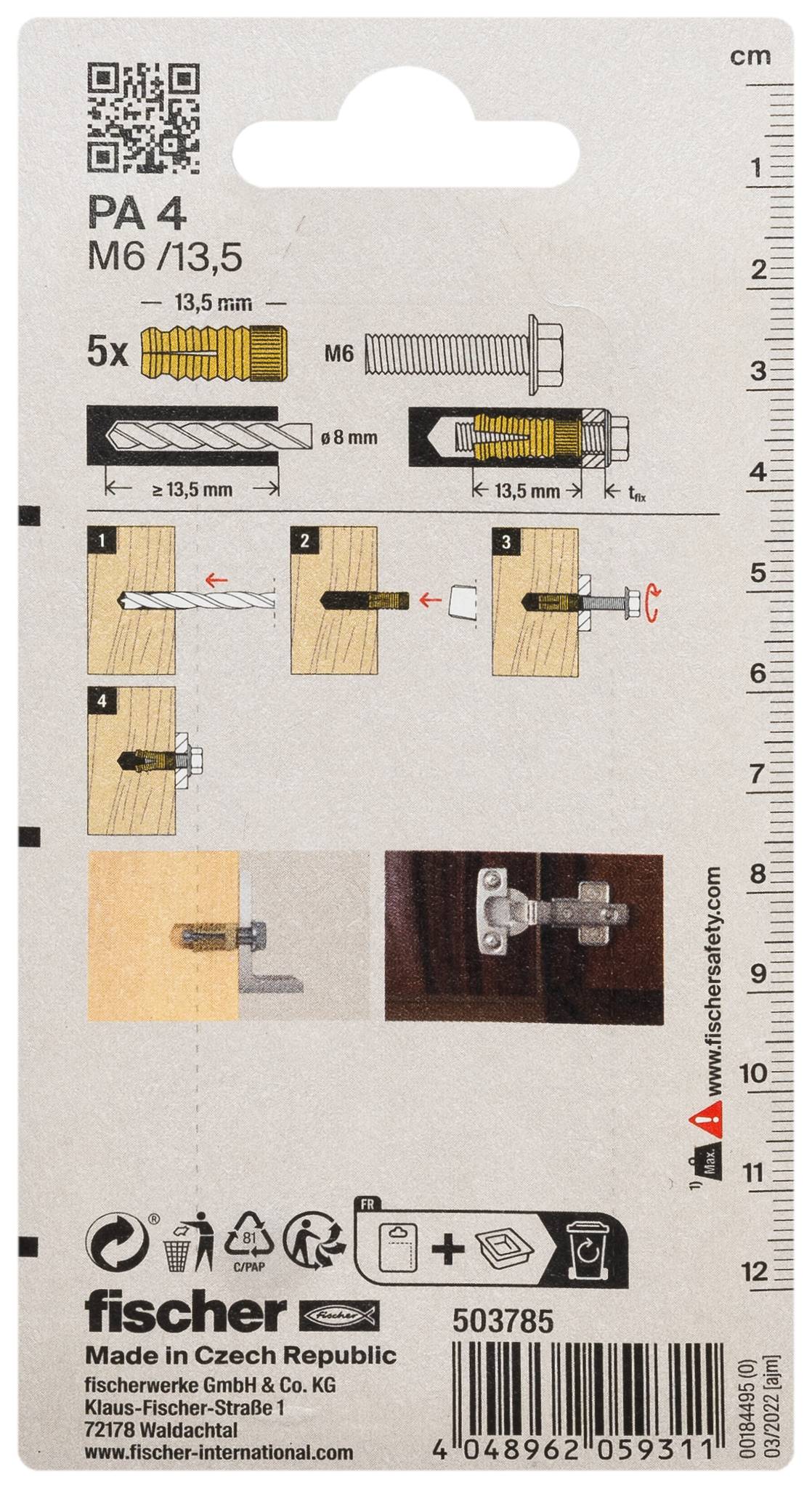 Confezione di tasselli Fischer PA 4 M6/13,5 per pareti, con dimensioni, fasi di installazione ed esempio di fissaggio con vite.