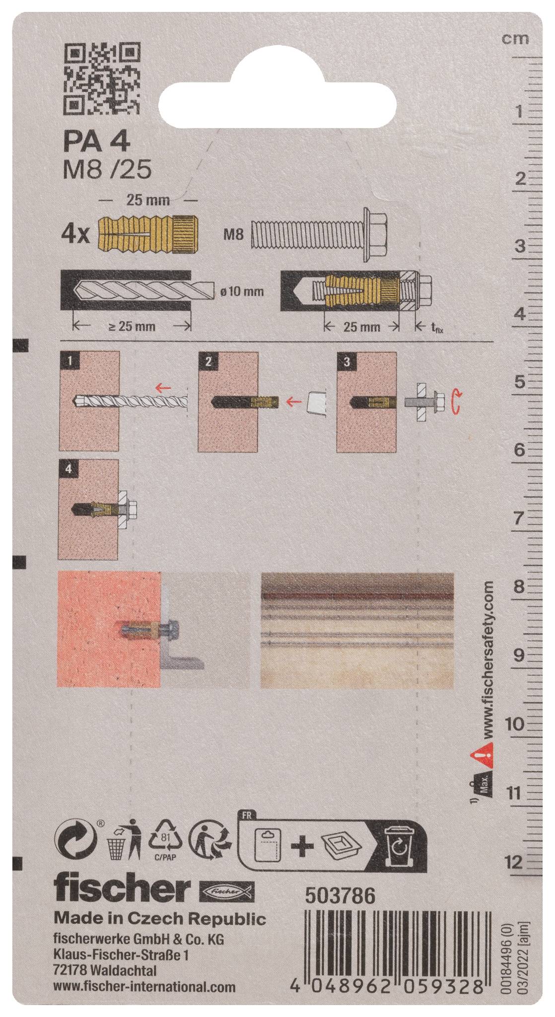 Il retro della confezione mostra una guida di installazione per gli ancoraggi Fischer PA 4 M8/25, con diagramma delle dimensioni, immagini di montaggio passo dopo passo e codice a barre.
