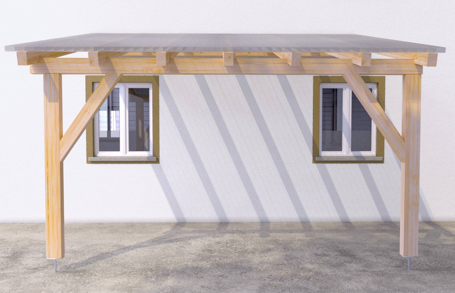 Un carport in legno con tetto piano si trova davanti a un muro bianco con due finestre. La luce proietta ombre sul pavimento.