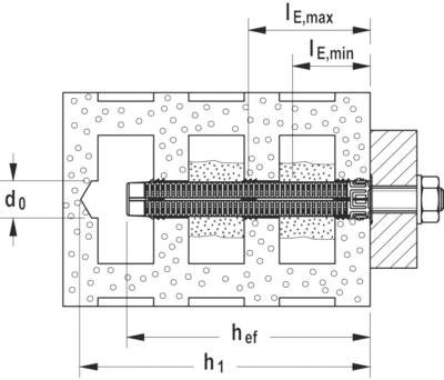 Disegno tecnico di un bullone con filettatura metrica in un ancoraggio di calcestruzzo. Sono contrassegnati il diametro del foro e la profondità di installazione.
