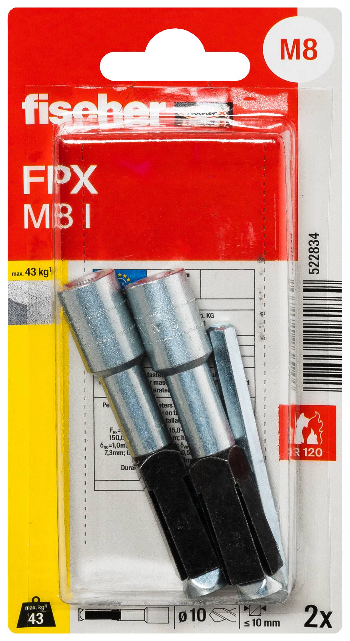 Confezione di due ancore metalliche Fischer FIPX MB I M8 su blister rosso e bianco, etichettate max 43 kg e 2x.