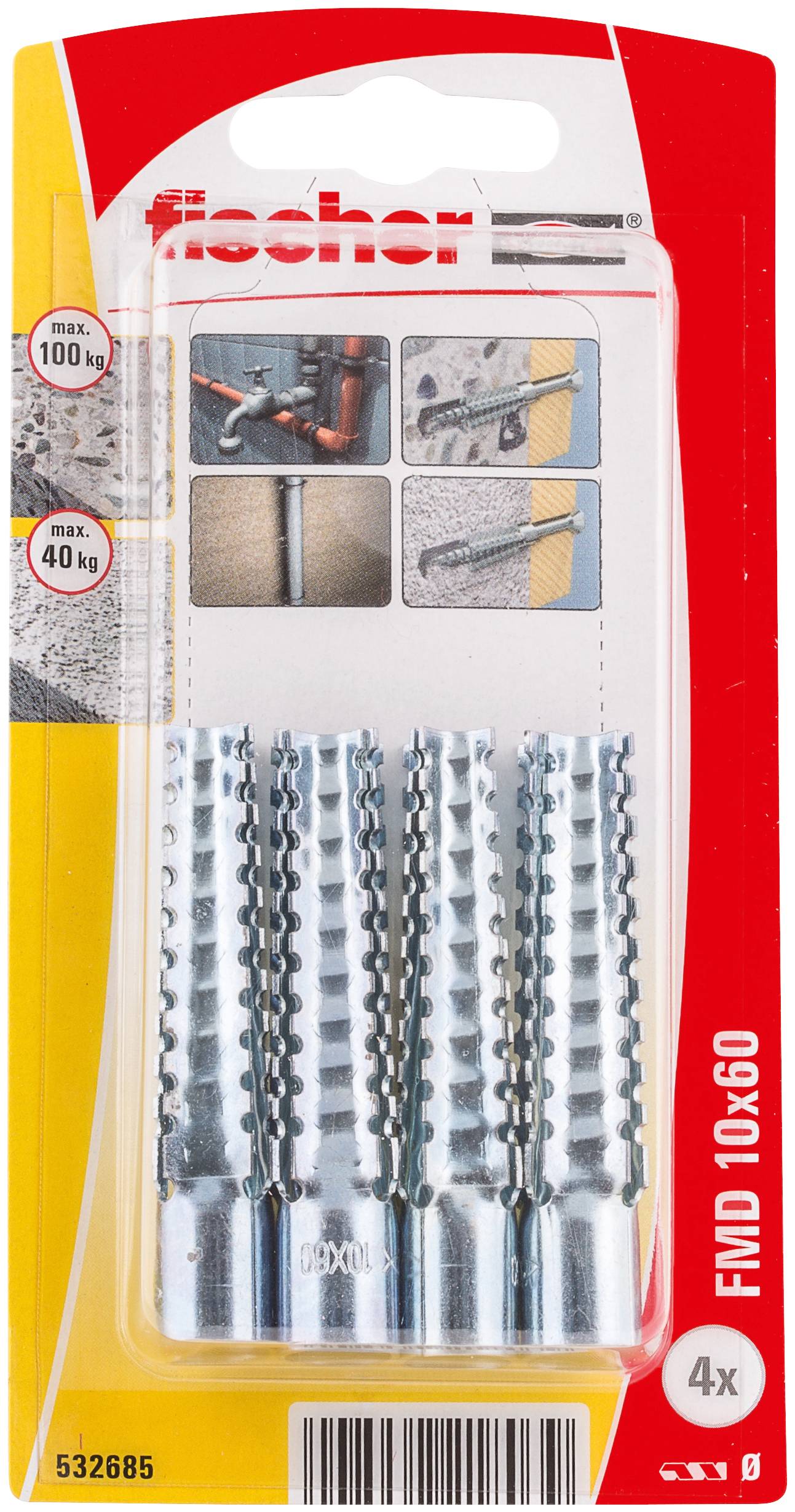 Confezione di tasselli a muro Fischer FMD 10x60, che mostra quattro tasselli in metallo con icone di carico massimo di 100 kg e 40 kg.