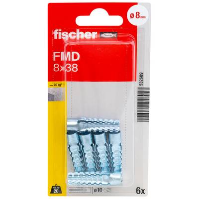 Confezione di tasselli a muro Fischer FMD 8x38, che mostra 6 ancore blu per fori da 8 mm e carico massimo 20 kg.
