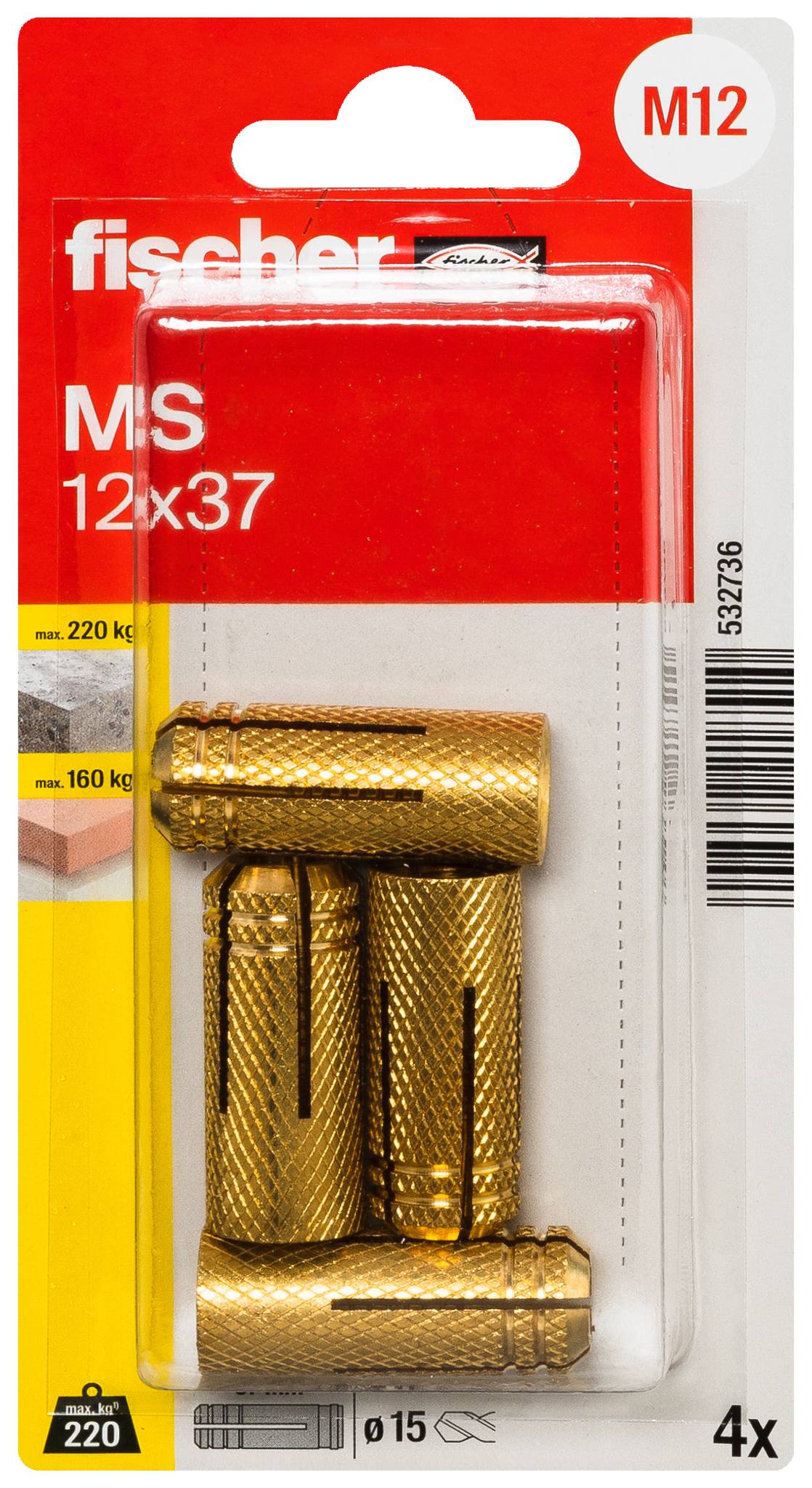 Imballaggio per il set di tasselli Fischer MS, M12 12x37, con quattro tasselli metallici dorati, con portata di 220 kg e 160 kg.