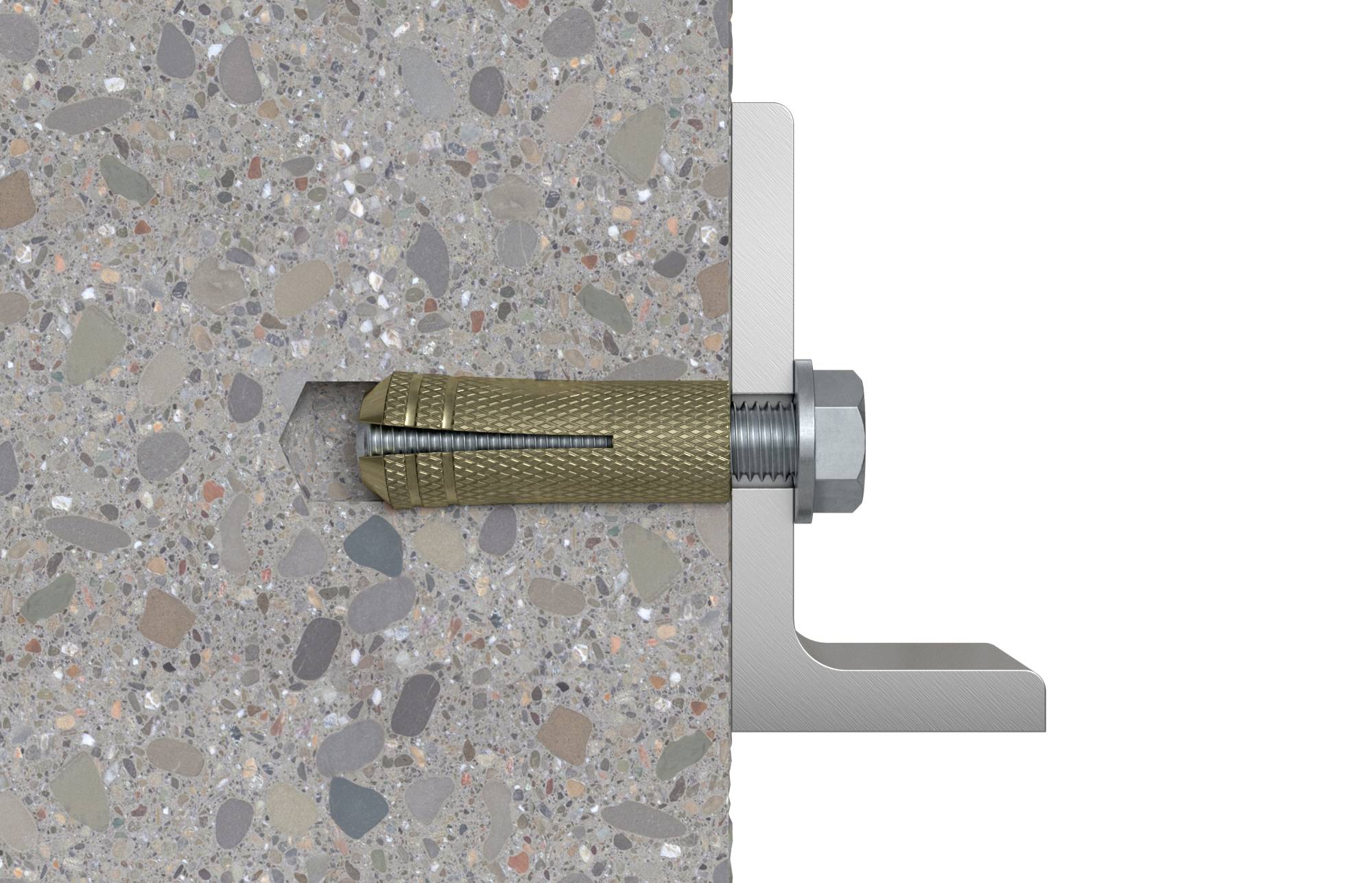 Vite metallica ancorata in una parete in calcestruzzo, fissata mediante un tassello in ottone e un supporto metallico, per un ancoraggio stabile.