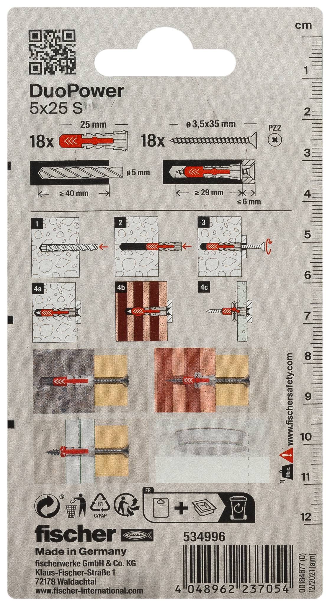 Etichetta del pacchetto per i tasselli da parete Fischertechnik DuoPower 5x25 S, che mostra le dimensioni del tassello, le dimensioni della punta del trapano, i passaggi di installazione e le icone di riciclaggio.