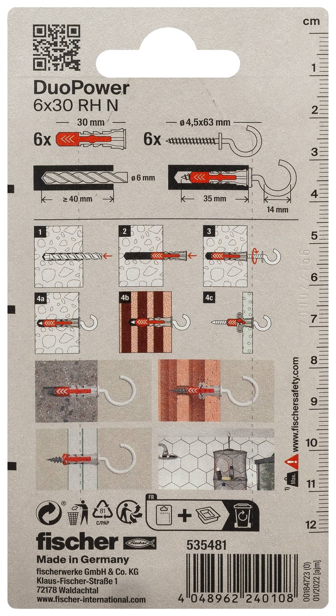 Confezione di tasselli Fischer DuoPower 6x30 RH, con specifiche dimensionali, diametri di perforazione, fasi di installazione e icone di carico-utilizzo.