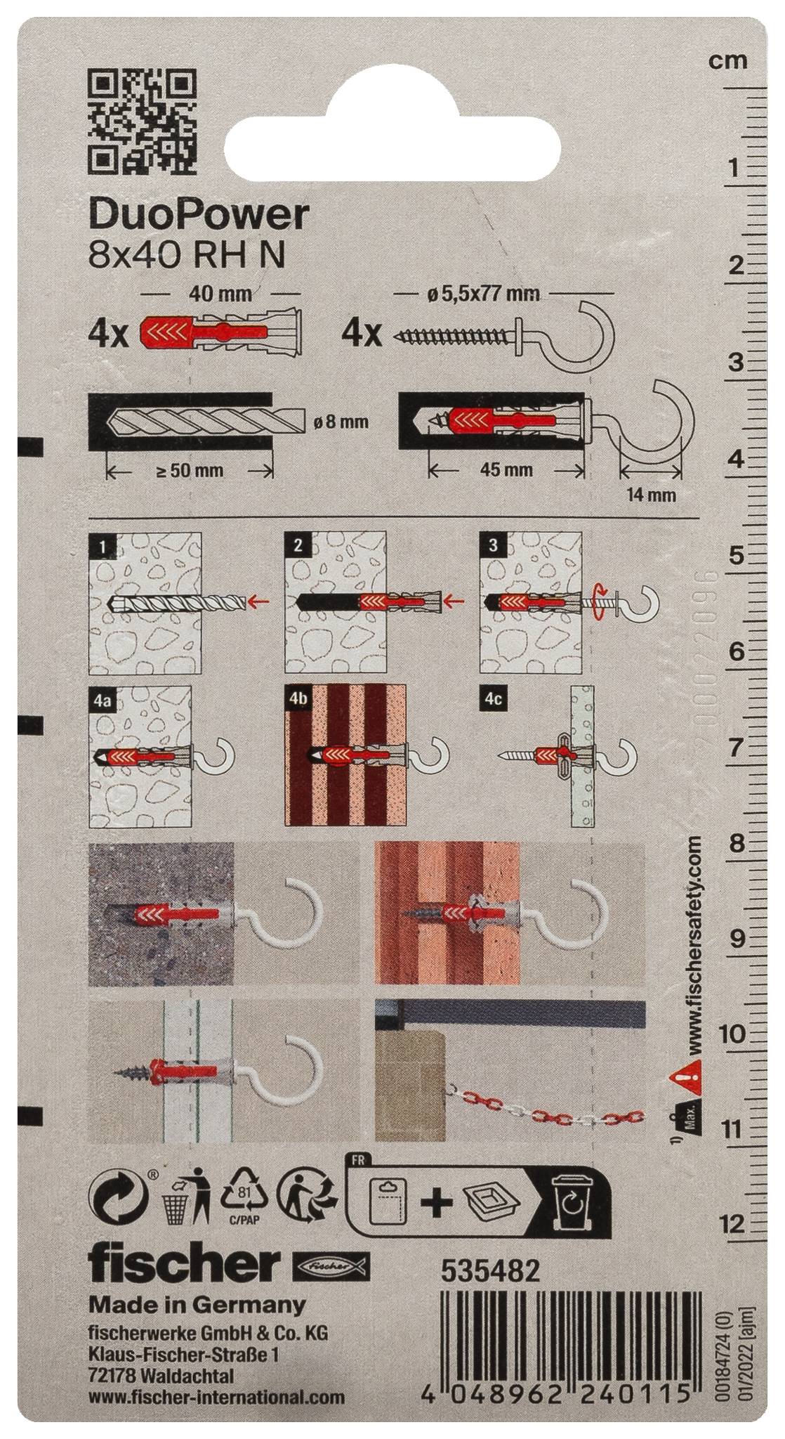 Confezione per tasselli Fischer DuoPower 8x40 RH N, che mostra i diametri dei fori, le dimensioni delle viti, i passaggi di installazione e un set di 4 tasselli con viti ad anello.
