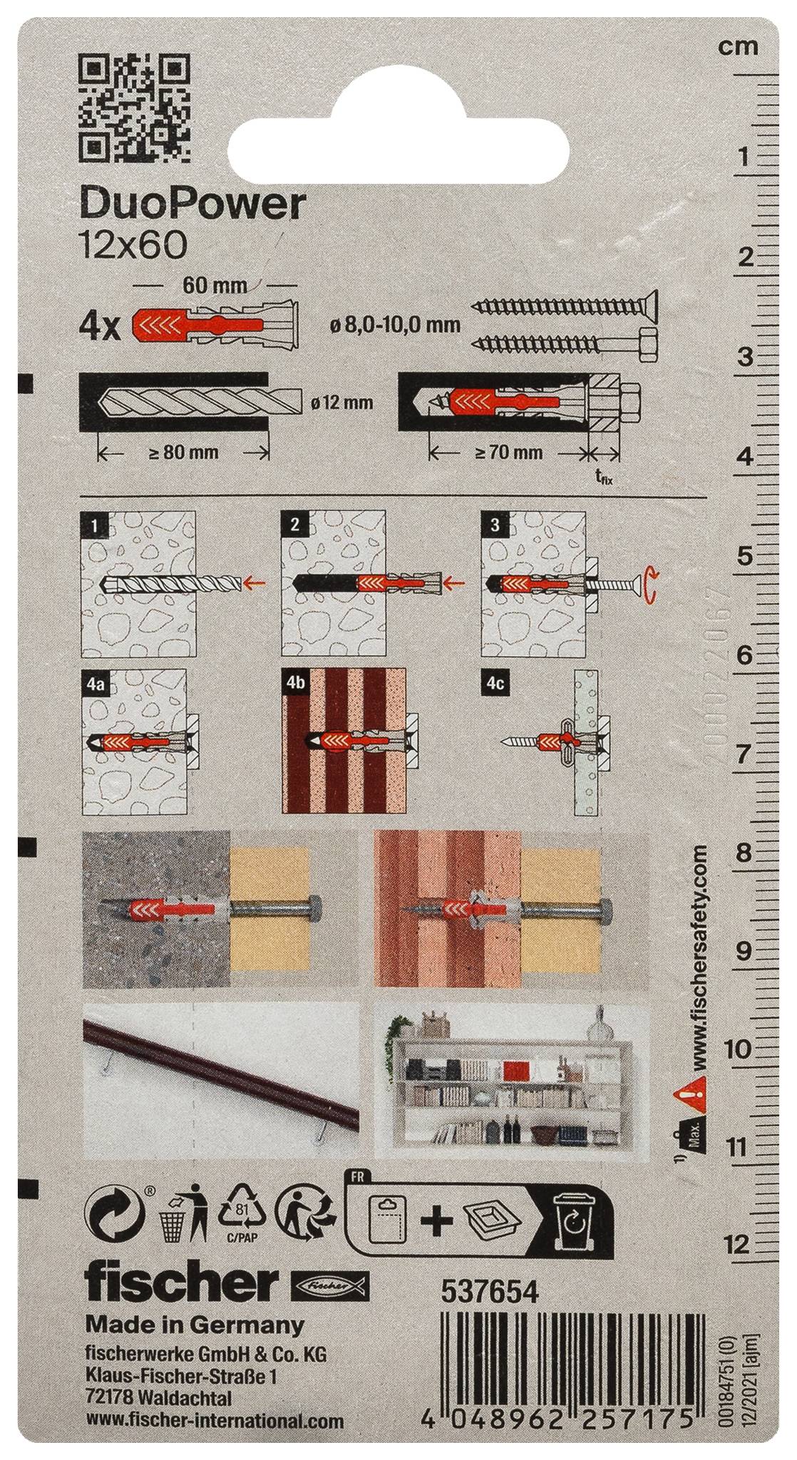 Confezione di tasselli Fischer DuoPower per pareti da 12x60 mm, con indicazione dei diametri di foratura, fasi di installazione, applicazioni di carico e dettagli del prodotto.