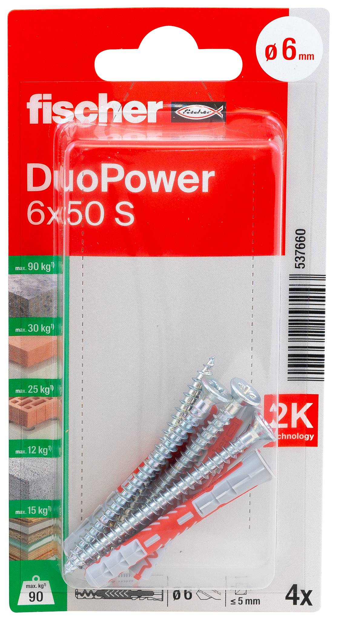 Confezione di tasselli Fischer DuoPower 6x50 S, 4 pezzi, per fori di trapano da 6 mm e fissaggi pesanti