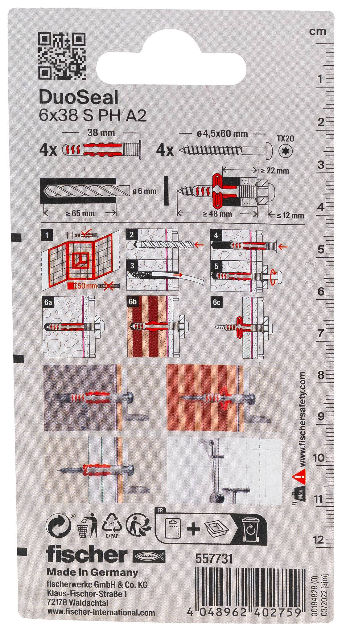 Set di tasselli da parete Fischer DuoSeal, con 6 tasselli 38 PH A2, viti incluse, diagrammi di installazione, dimensioni e codice a barre del prodotto.