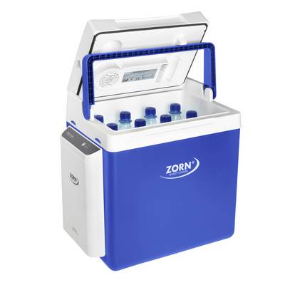 Frigo elettrico blu con coperchio aperto, riempito con bottiglie.